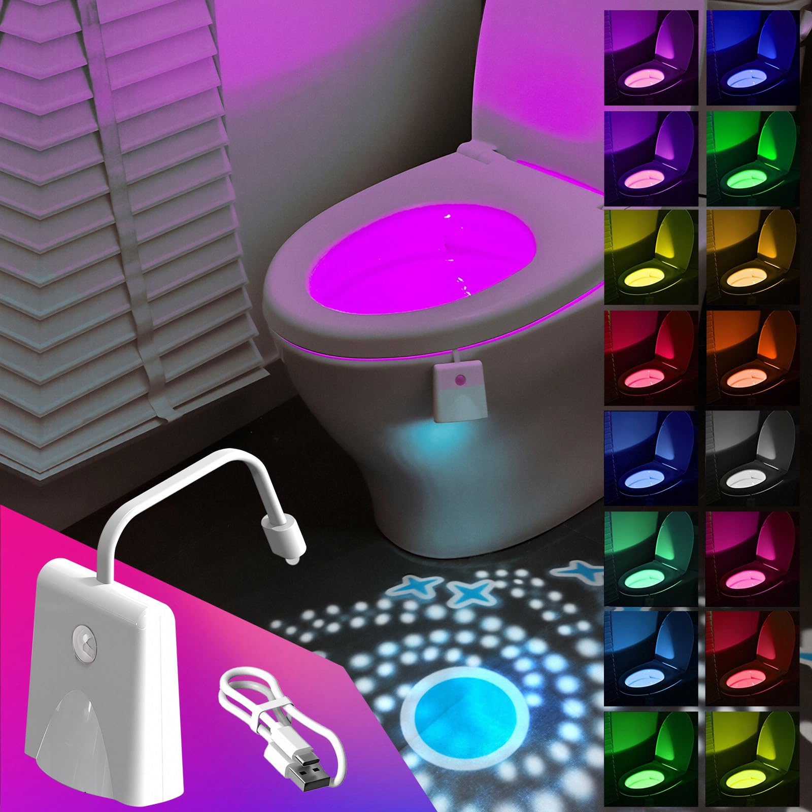 XRCHAA Motion Sensor Toilet Night Light,Toilet Seat Light,16 Coloured Waterproof Toilet Light,USB Chargeable Toilet Lights Inside Toilet,with Motion Sensor,Bathroom Decor Cool Gadgets,for All Toilets