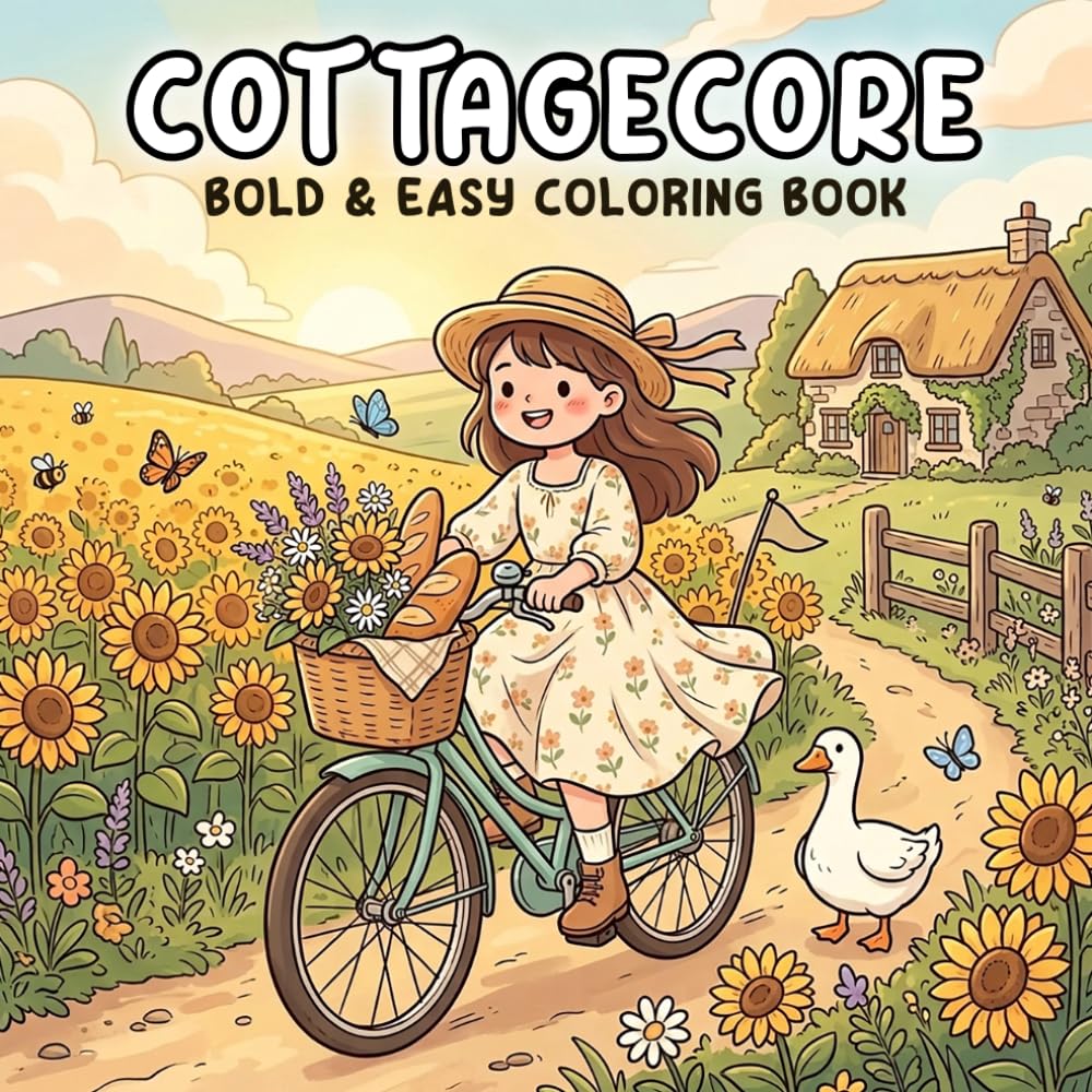 Cottagecore Bold & Easy Coloring Book: 50 Cute & Cozy Designs Featuring Charming Cottages, Sweet Animals, Beautiful Gardens, and Relaxing Country Scenes for Adults, Teens, and Beginners
