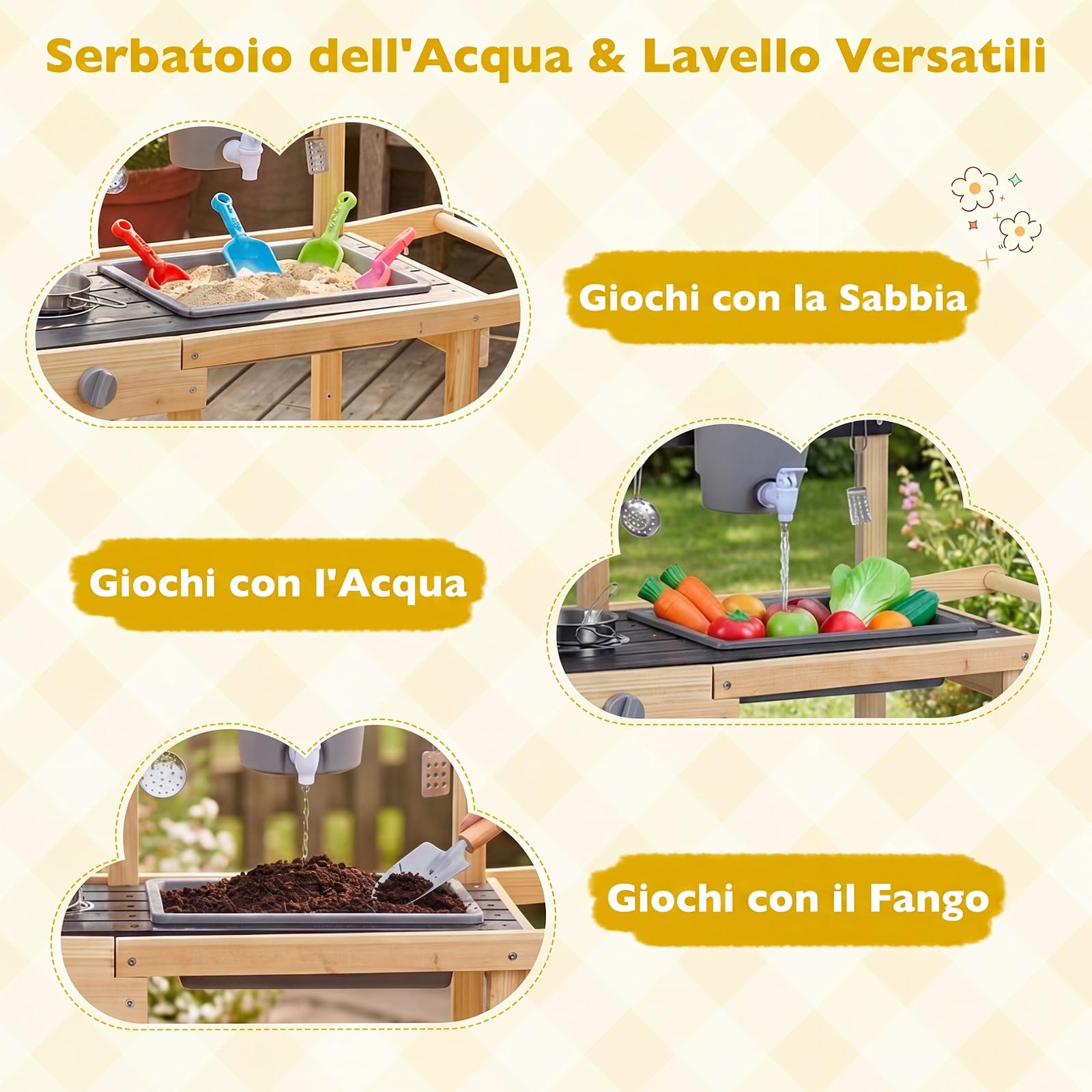 COSTWAY Cucina Giocattolo per Giardino, Cucina da Esterno per Bambini | con Pentola, Padella, Utensili da Cucina, Vasi da Fiori, Lavandino, Serbatoio e Lavagna, per Bambini 3+ Anni, 91 x 37 x 91 cm
