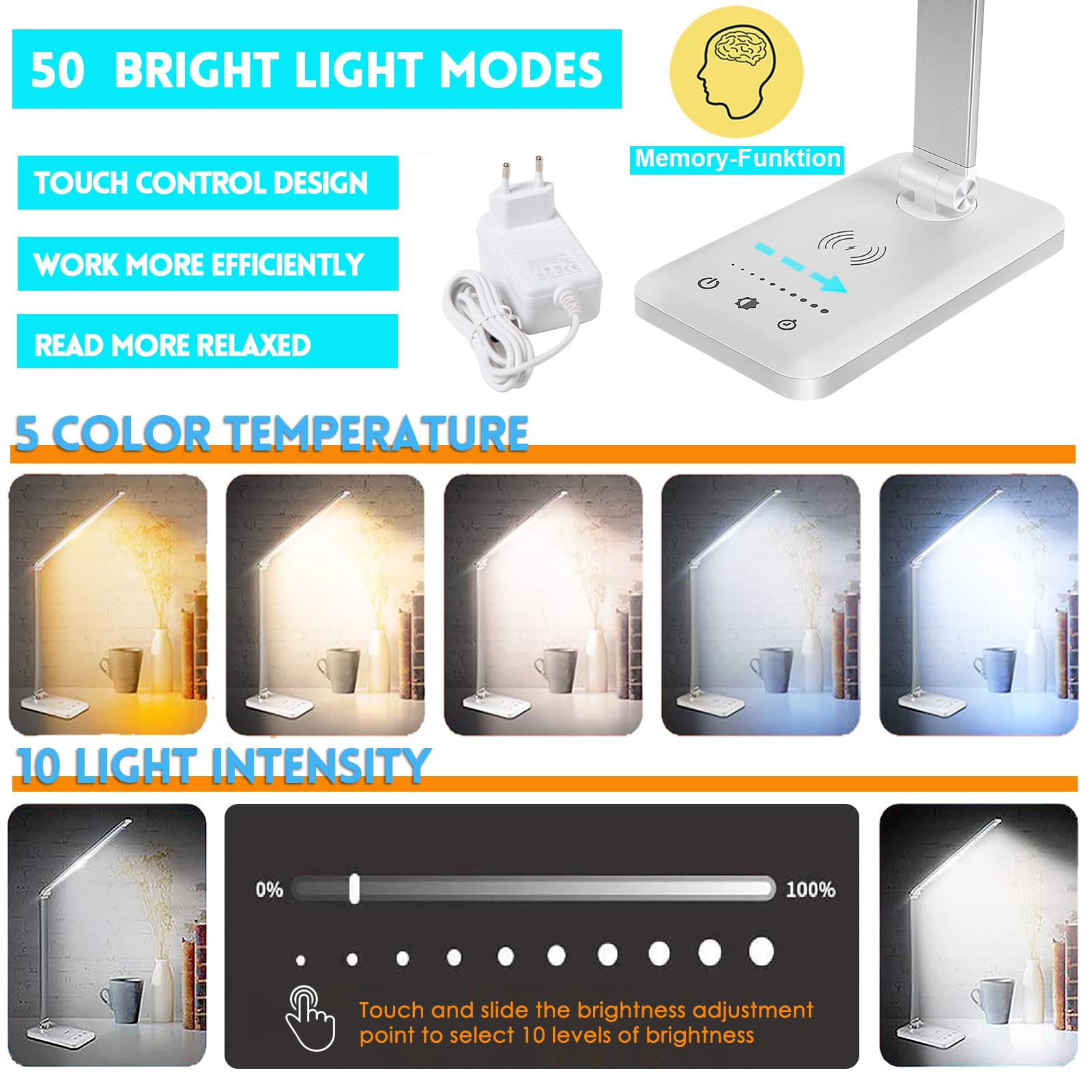 BIENSER Lampe de Bureau LED, 10W Chargeur Induction & USB, 10 Luminosités × 5 Couleurs, Lampe de Table Dimmerable, Protection des Yeux, Contrôle Tactile, Fonction Mémoire, 30/60min Minuterie Auto, 20W