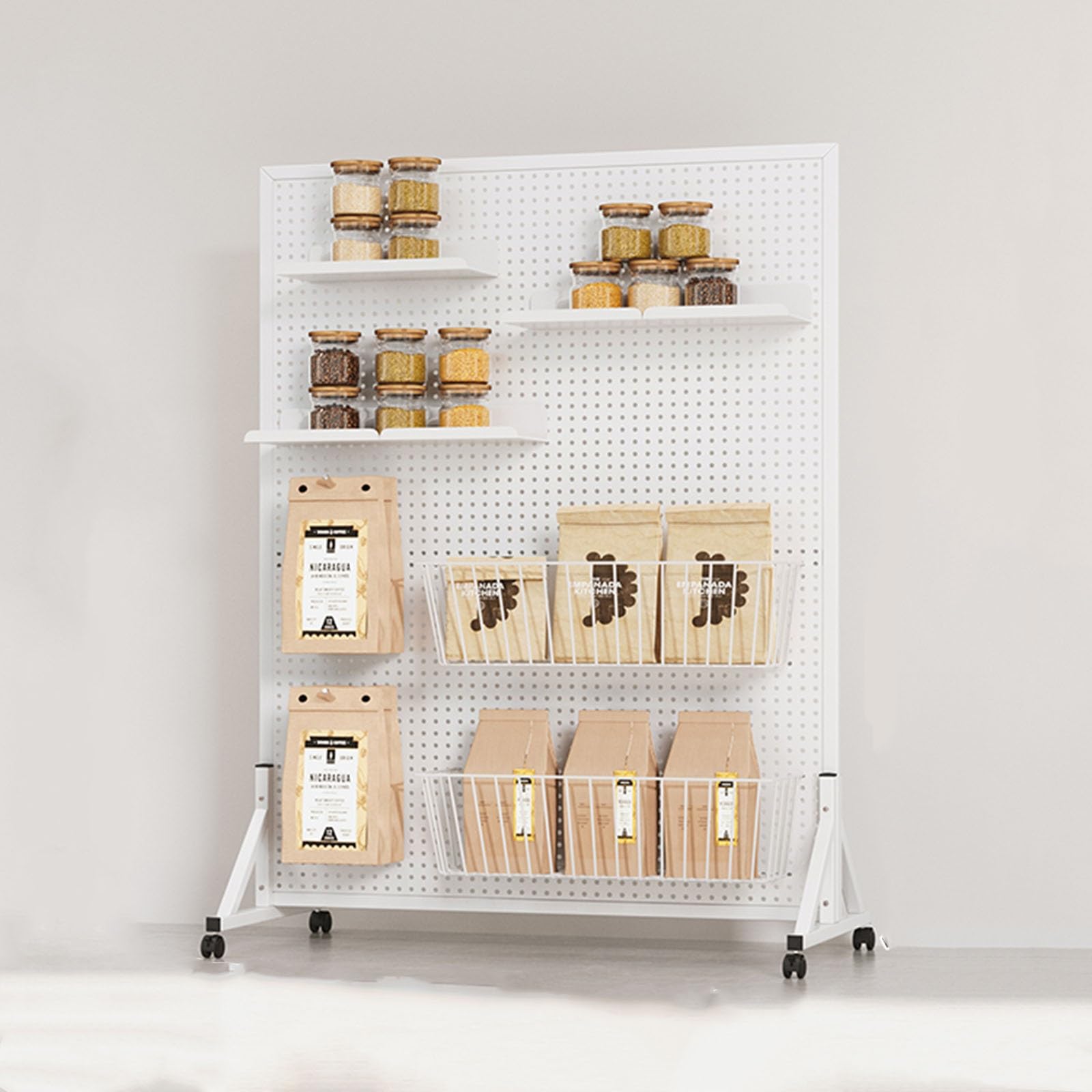 Estante de exhibición Blanco para bocadillos, Carrito de Almacenamiento de Alimentos para Tiendas de conveniencia con Ganchos y Ruedas (100 cm/39,4 Pulgadas de Largo)