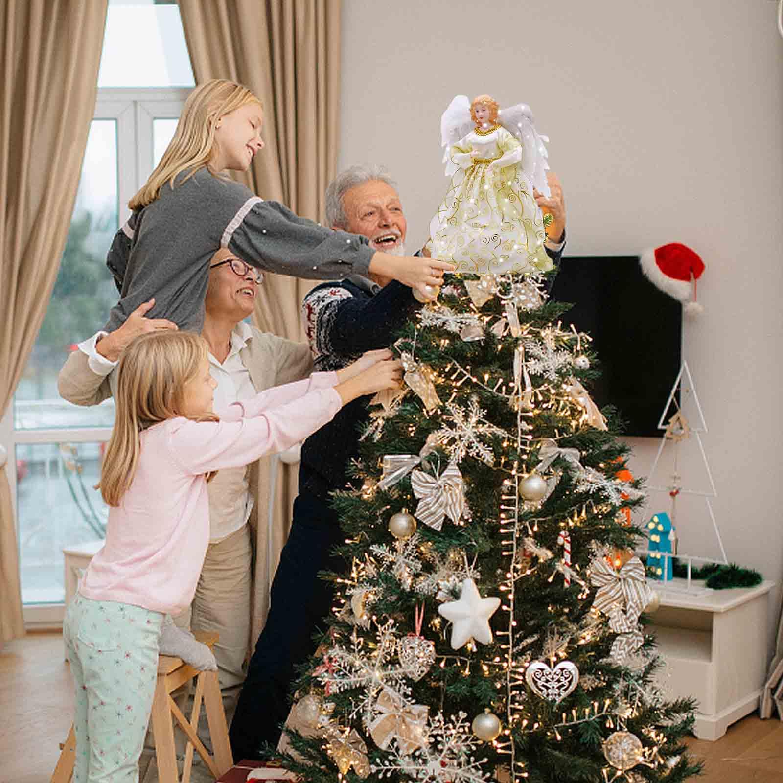 Décoration de sapin de Noël en tissu avec ange lumineux de 32 cm pour sommet du sapin de Noël, décoration de fête pour la maison (04)