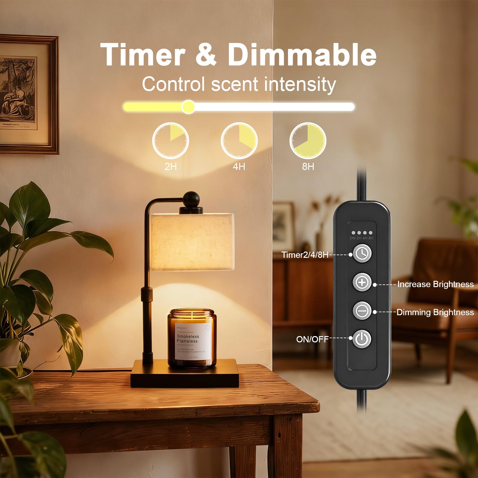 Lampada scalda candela con timer, dimmerabile, altezza regolabile, paralume moderno in lino, per candele fino a 15,2 cm, 2 lampadine incluse