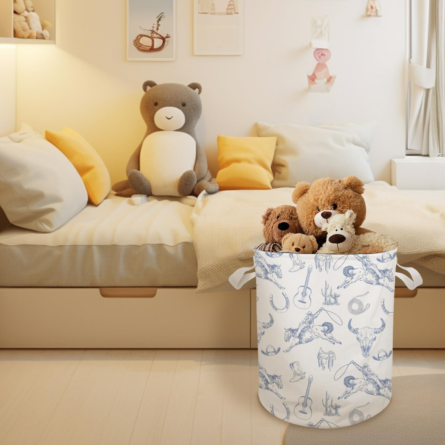 Blue and White Western Laundry Basket, Country Rodeo Cowboy Bull Skull Laundry Basket Hamper Waterproof Collapsible Clothes Toys Storage Bin for Bedroom Bathroom Kids Room, Toybox for Boys