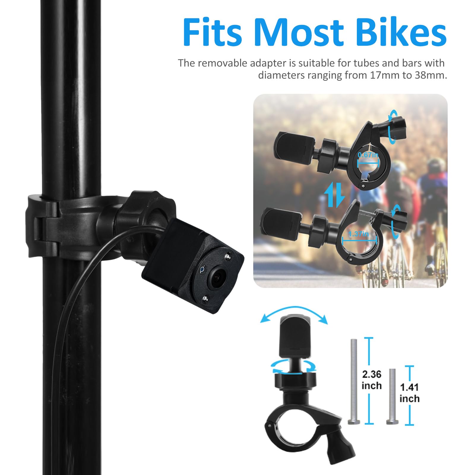Rétroviseur de vélo sur Guidon, 150° Grand Angle Caméra de recul de vélo Rechargeable 1080P avec Moniteur de 4,3 Pouces, Vision Nocturne Couleur, Support réglable, Compatible avec Divers vélo