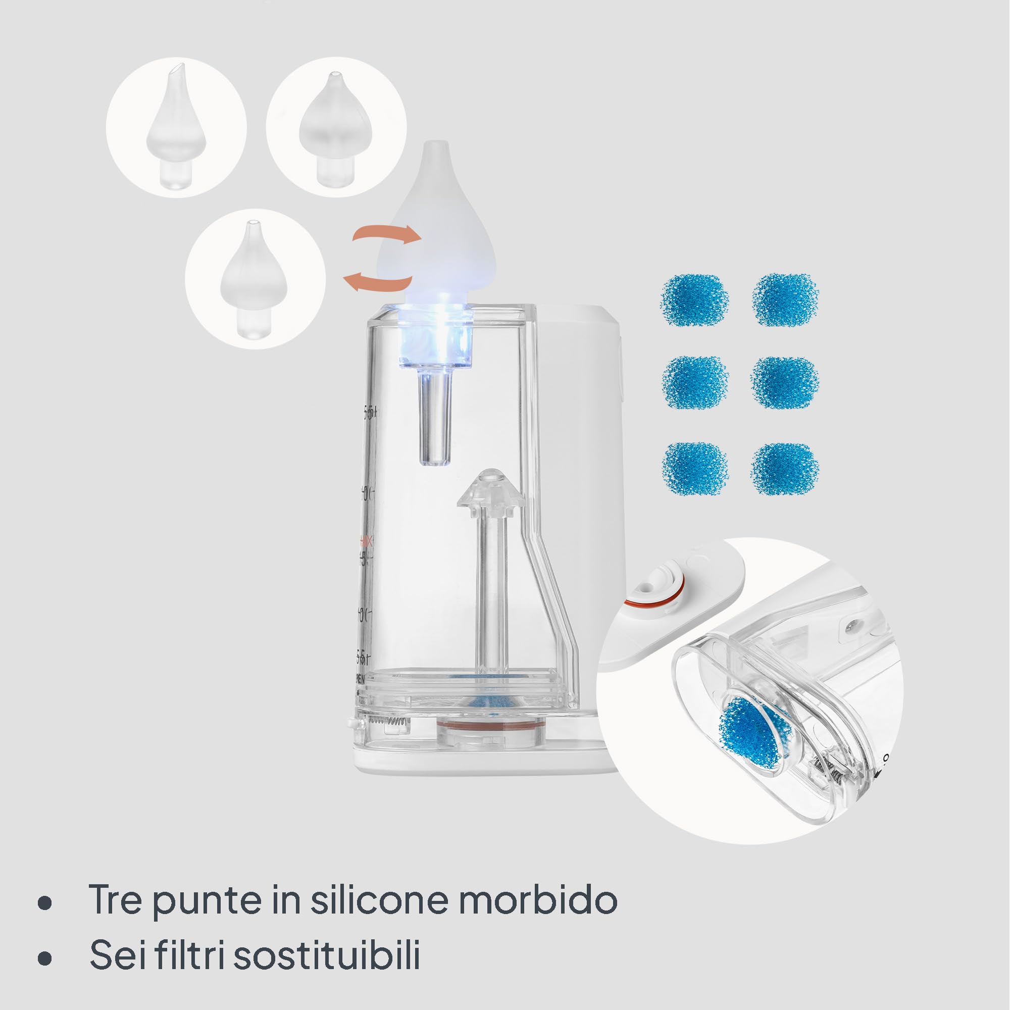 LIONELO Aspiratore Nasale Elettrico per Bambini senza Fili BabyAir Flow, 9 livelli di Aspirazione, 3 Becucci, Luce Notturna, Ricaricabile, Alta Potenza, Ricarica USB-C