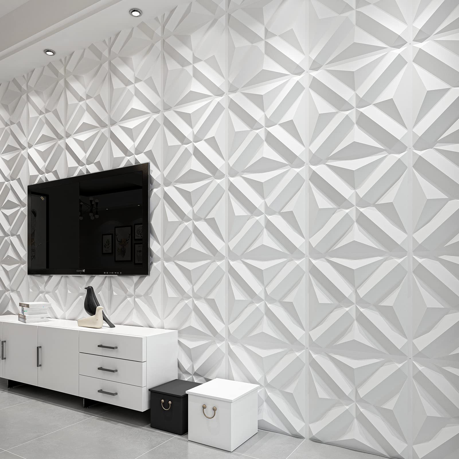Art3d Textures Decorative 3D Wall Panels Sheets Diamond Design in White Pack of 12 Tiles 32 Sq Ft (PVC)