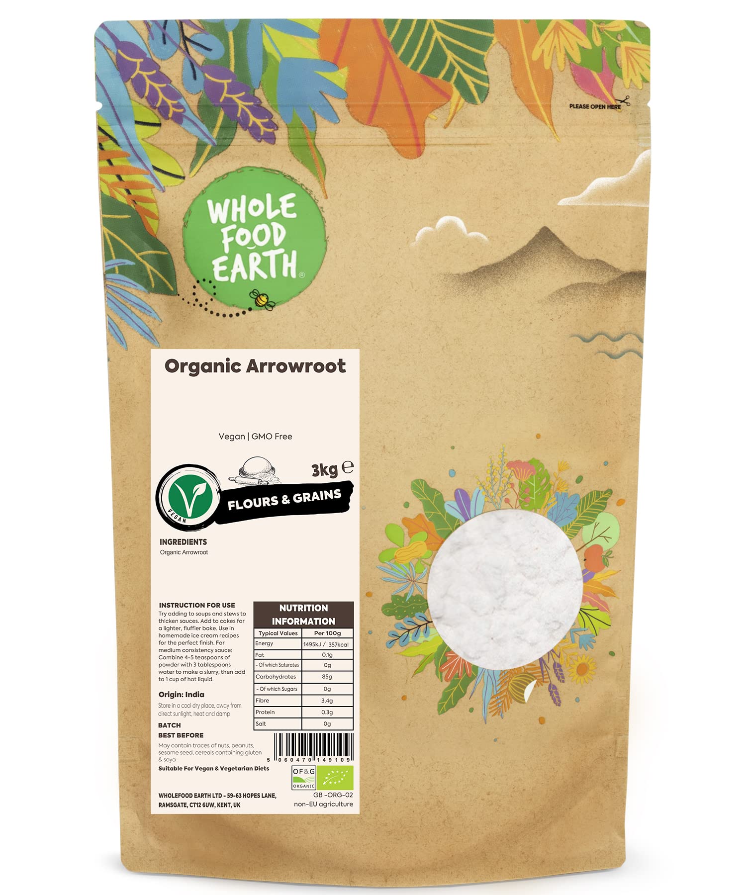 Wholefood Earth Organic Arrowroot 3kg Vegan | GMO Free | Certified Organic