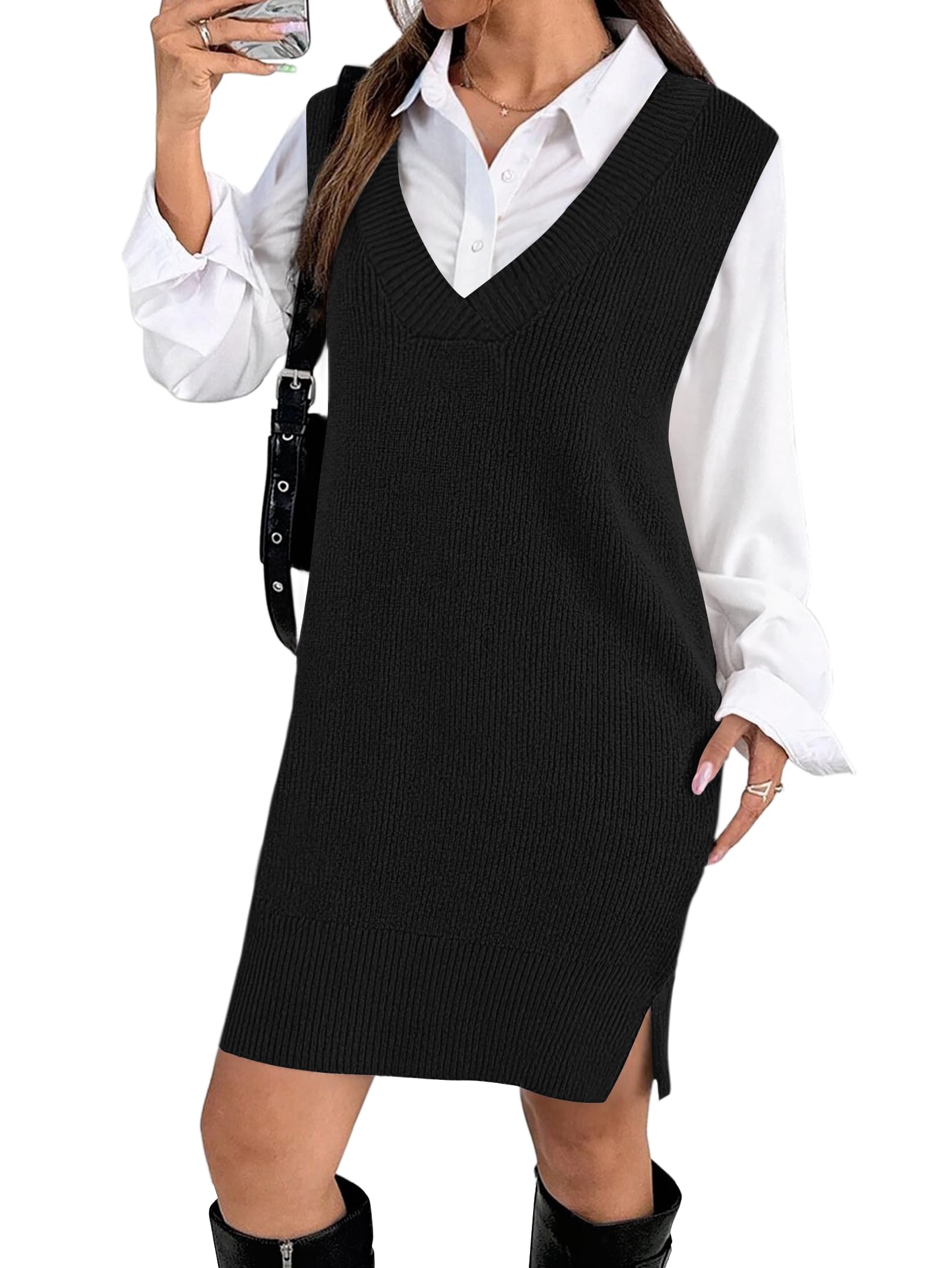 Zeagoo Womens V Neck Sweater Vest Dress Oversized Sleeveless Casual Pullover Sweater Fall Winter Knit Slit Short Dress