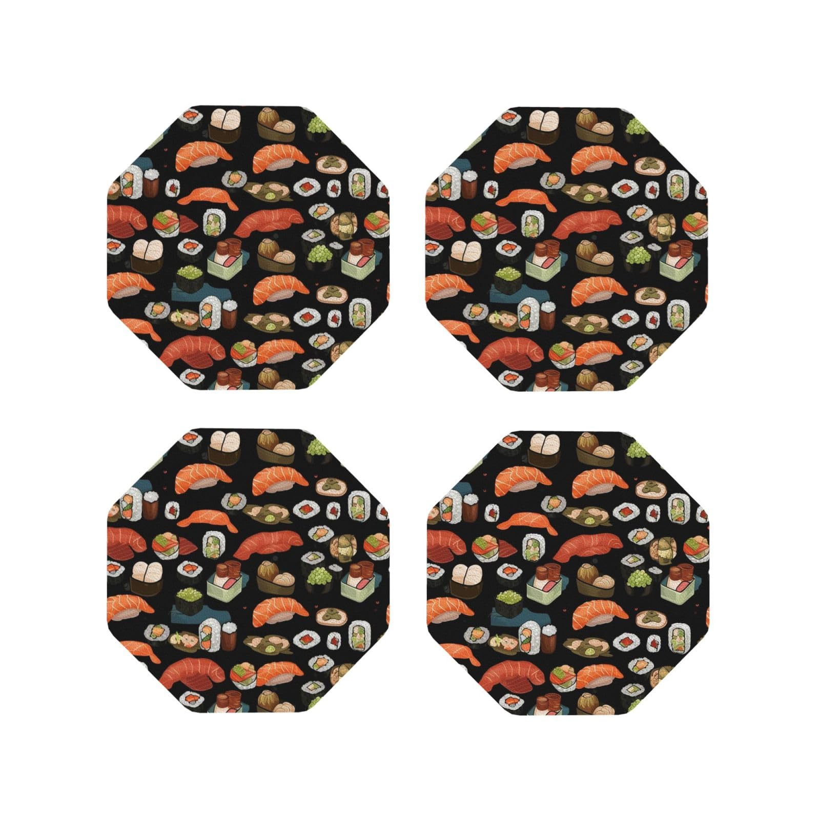 4Pcs PU Leather Coaster for Drinks, Japanese Sushi Black Cup Coastersr 4" Cup Mat Pad, Aesthetic Drink Coasters for Coffee Table, Octagon Coaster for Tabletop Protection