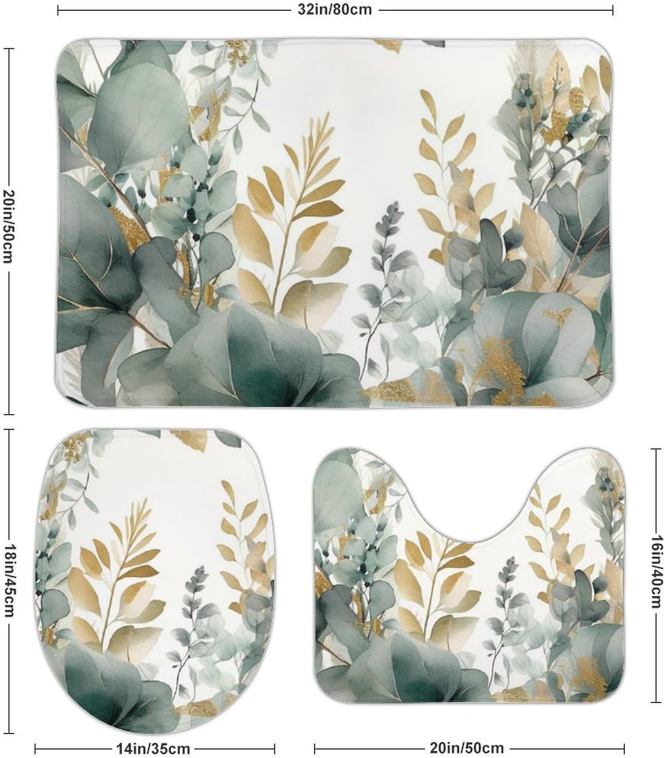 Anti-Skid Floor Mats 3 Piece Set,Gold and Green Leaves Printed Coral Fleece Bathroom Mats U-Shaped Contour Mat Toilet Seat Cover for Bathroom, Tub, Shower, Kitchen 19.7"x31.5"