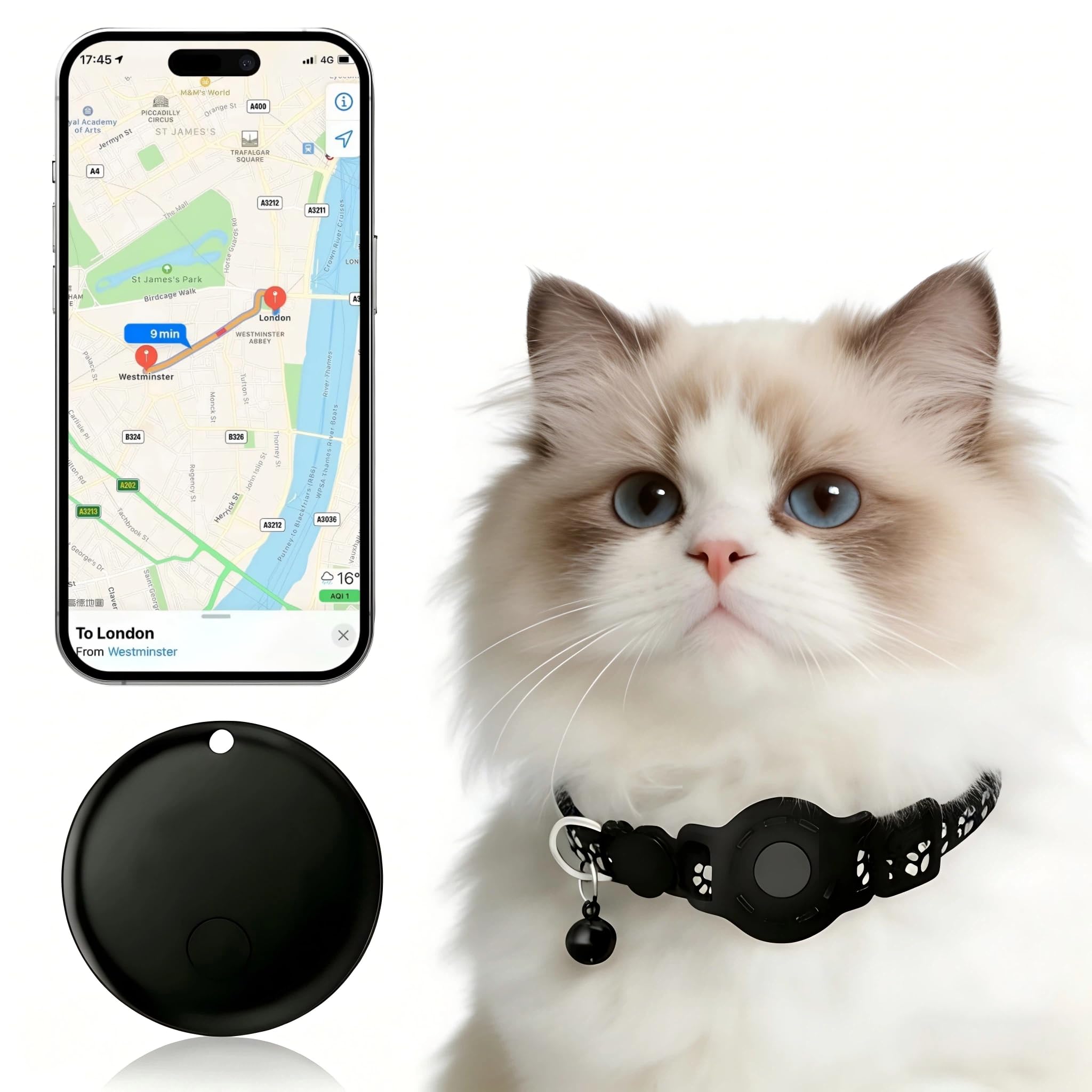 Cat Collar (iOS Only) - Pet Tracker Compatible with Apple Find My, Waterproof Smart Tag, No Monthly Fee. Advanced Safety Solution for Small & Large Cats.