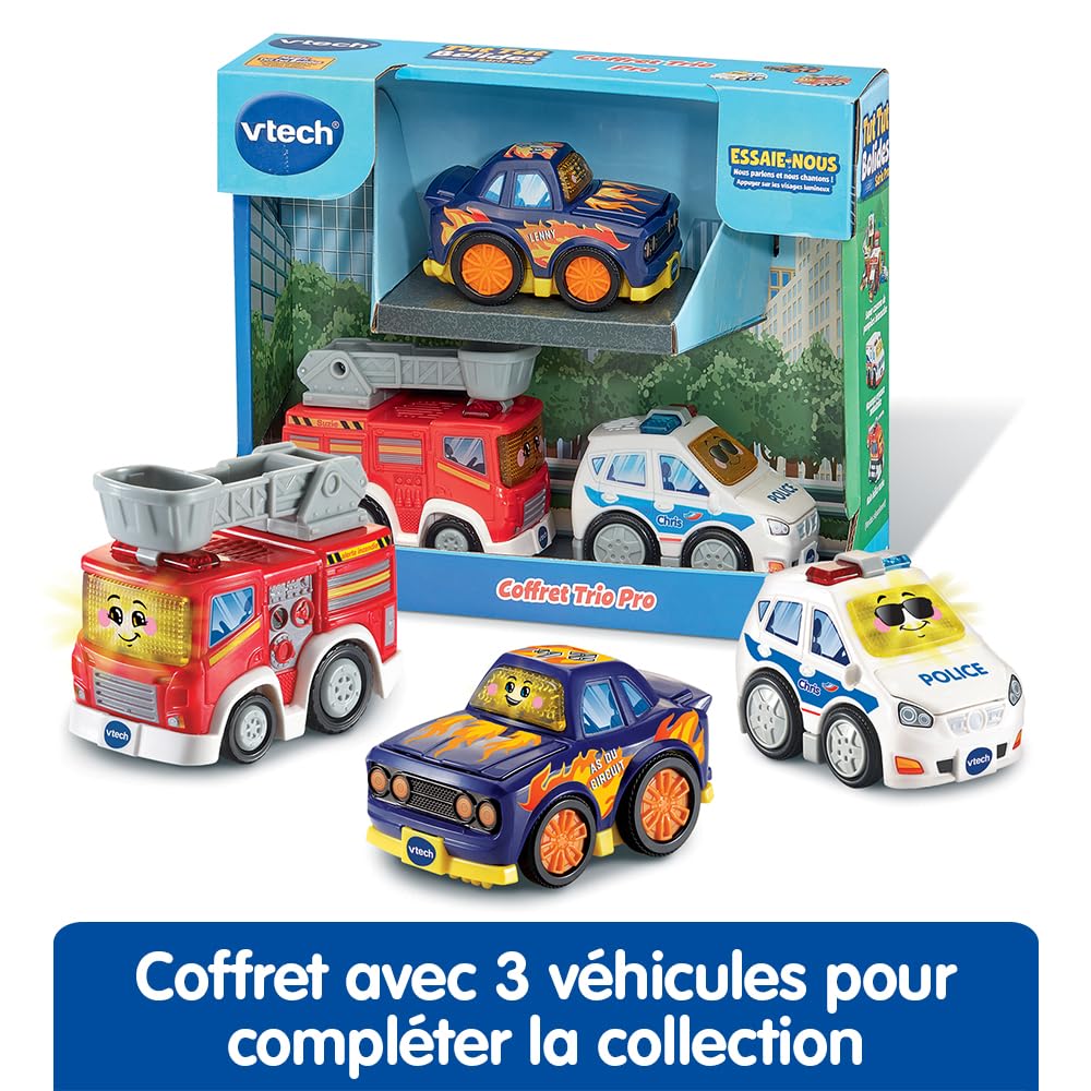 VTech - Tut Tut Bolides Série Pro, Coffret Trio Pro, 3 Voitures Enfant, Police, Camion de Pompiers et Voiture de Course, Jouet Musical et Sonore, Cadeau Enfant de 2 Ans à 6 Ans - Contenu en Français - 3
