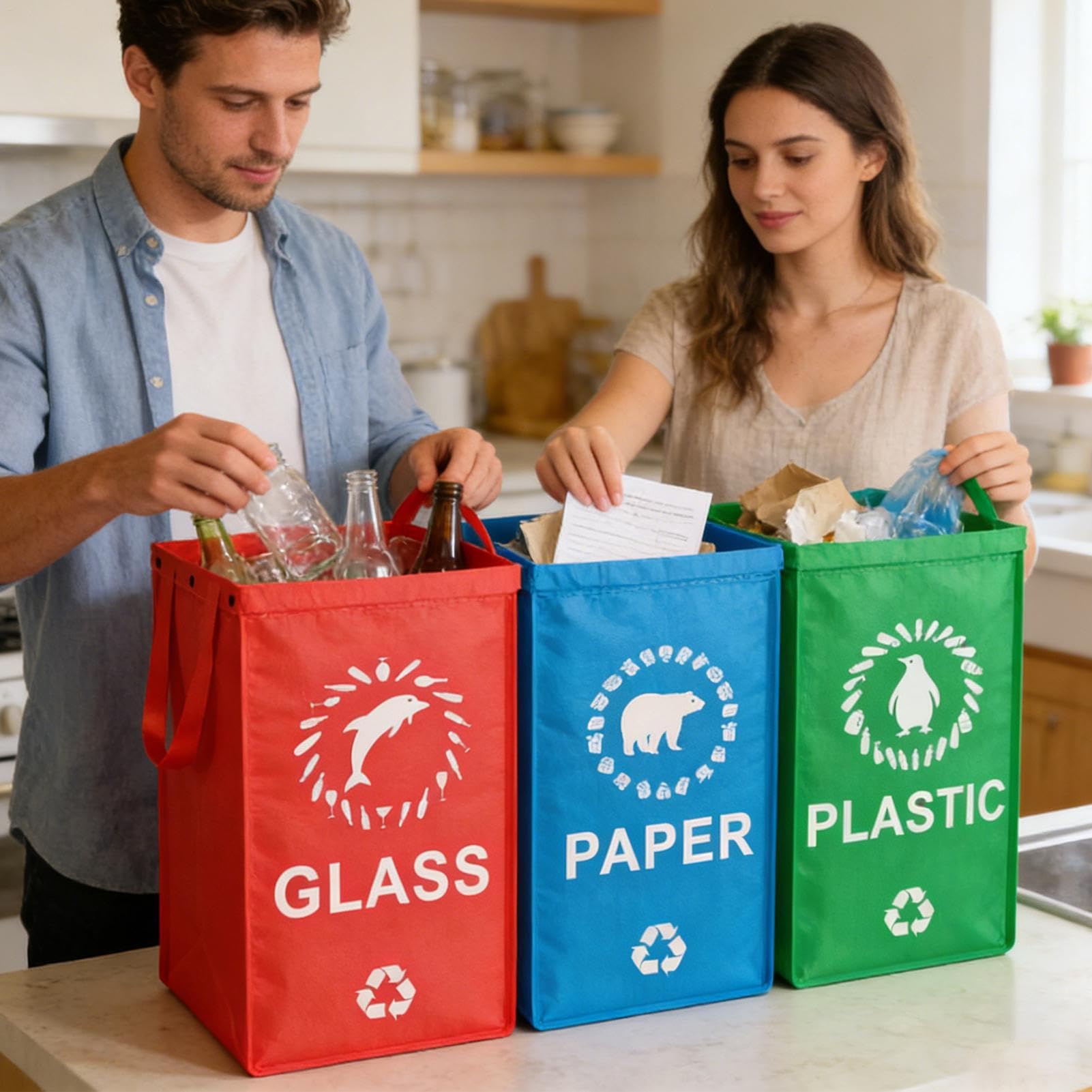 Bolsas de reciclaje reutilizables - Cesta plegable tejida resistente - 3 piezas Bolsas de reciclaje reutilizables resistentes al agua con asa - Para el hogar, cocina, jardín, interior separado