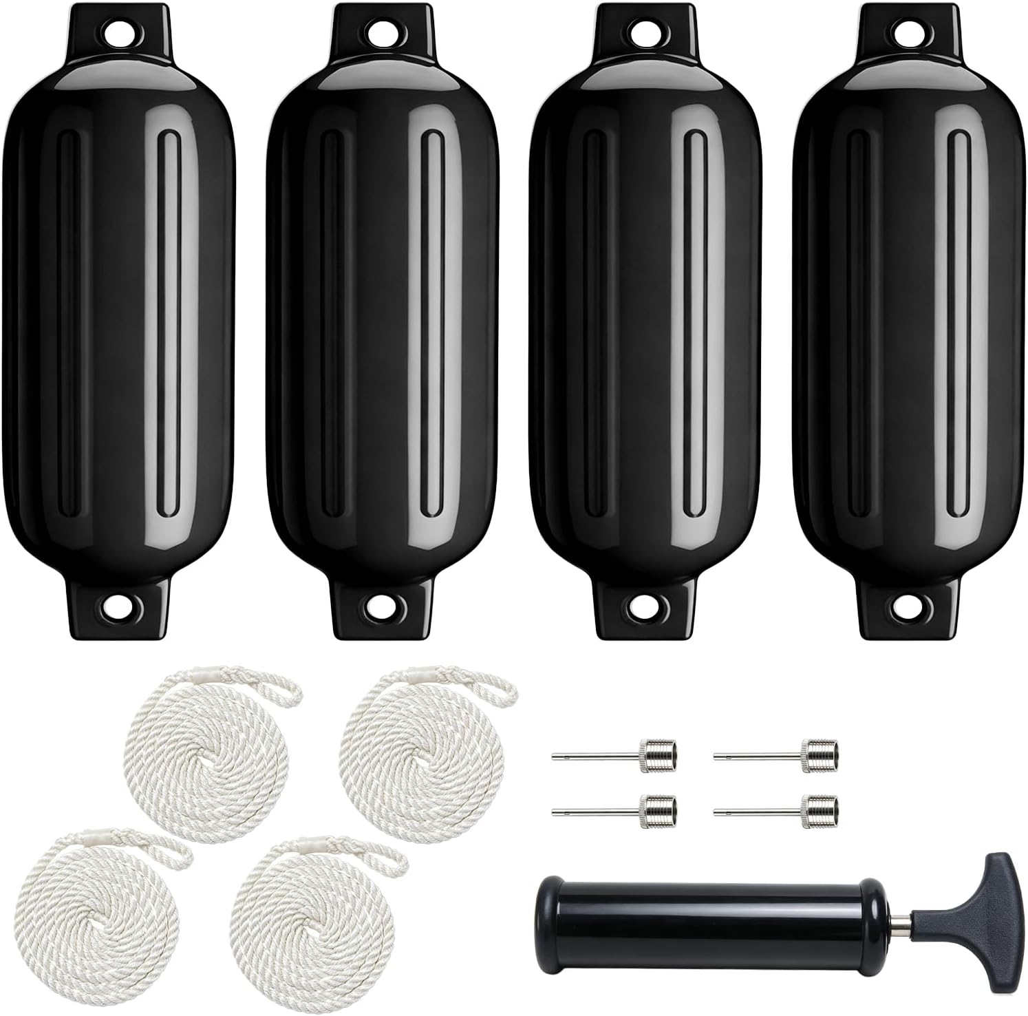 4 Pack 4.5"/6.5" Boat Fenders, Ribbed Twin Eyes Inflatable Marine Bumpers for Docking with 4 Ropes, 4 Needles and 1 Pump, Pontoon Boat Fenders for Yachts, Sailing Dinghies, Bass Boats