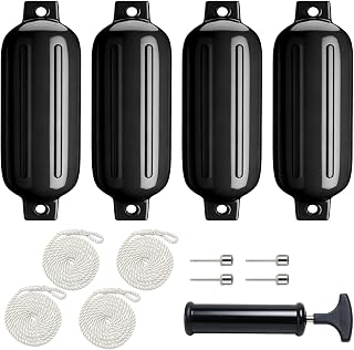 4 Pack 4.5"/6.5" Boat Fenders, Ribbed Twin Eyes Inflatable Marine Bumpers for Docking with 4 Ropes, 4 Needles and 1 Pump, Pontoon Boat Fenders for Yachts, Sailing Dinghies, Bass Boats