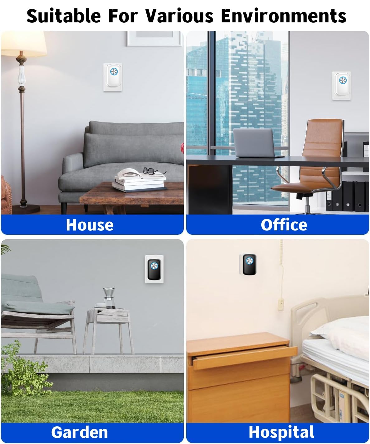 Genérico Timbre inalámbrico de 304 m de Largo Alcance, IP68 Resistente al Agua, 60 melodías, Volumen de hasta 120 dB y Flash LED con 2 receptores enchufables y 1 pulsador, Color Negro.