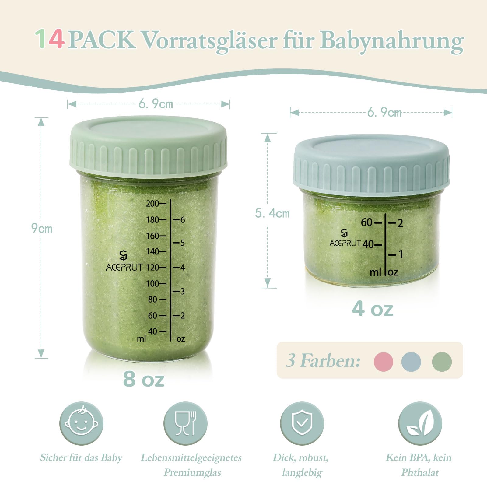 ACEPRUT 14 Stück Glas Babybrei Einfrieren Behälter, Beikost Baby Zubehör, Babynahrung Aufbewahrung, Auslaufsicher, BPA-frei, Mikrowelle, Geschirrspüler & Gefrierschrank sicher