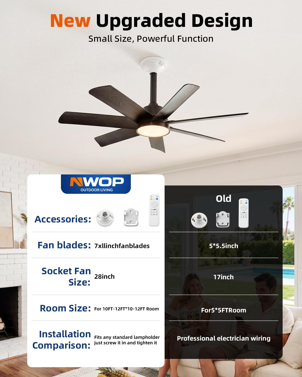 NWOP 28 Inch Socket Fan Light with Remote Control, Screw in E26/E27 Ceiling Fan with LED Light, 3000-6000K Adjustable Color Temp, 6 Speeds, Timer, for Bedroom Kitchen Living Room Garage, Black