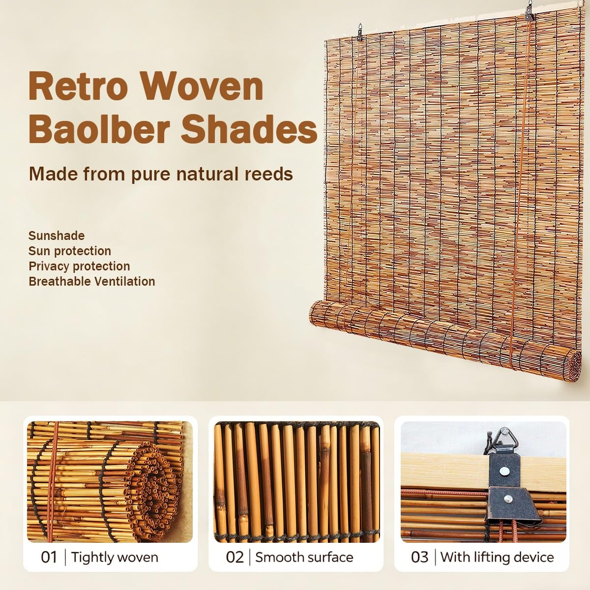 Store Enrouleur en Bambou Exterieur, Stores Occultant sans Percage, Rideau Bambou Intimité 50 60 80 100 120 150 180 200 cm, Rideau de Roseau Liftable avec Levage(W120 cm x H180 cm)
