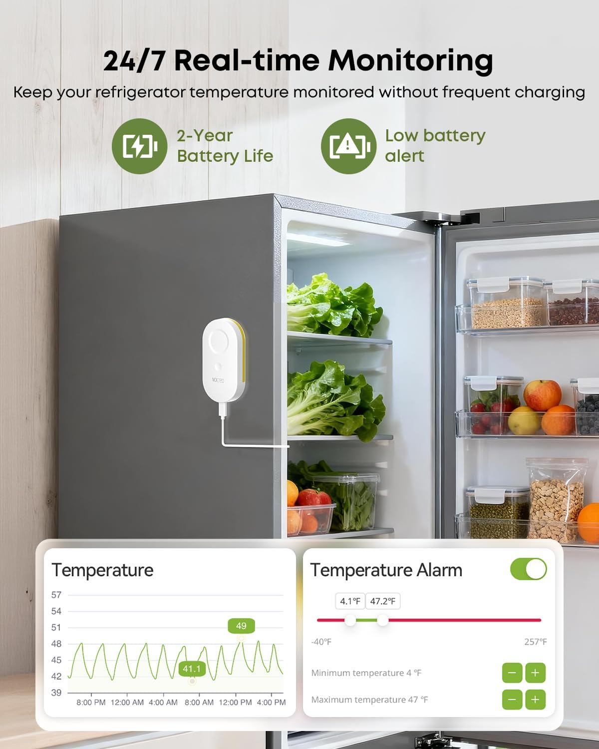 MOCREO - Lot de 2 thermomètres WiFi pour réfrigérateur et congélateur, alerte à distance, journalisation sur 2 ans, capteur intelligent