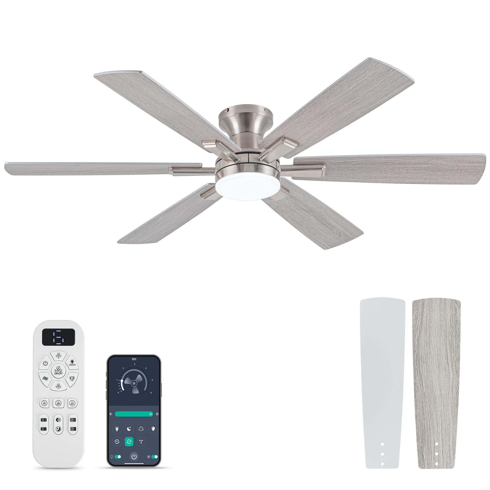 Photo 1 of Ceiling Fans with Lights and Remote Control, Brushed Nickel Flush Mount Ceiling Fan with Light 3-Color Dimmable, Memory for Lighting and Fan Reversible, 6-Speed, Timer, Indoor/Outdoor Use, 52 Inch