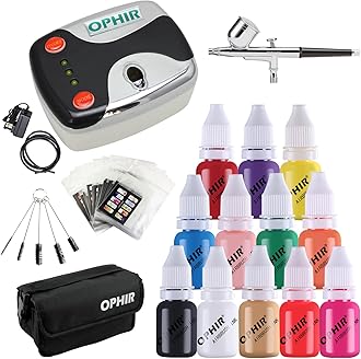 OPHIR Nail Airbrush Kit, 0.3mm Air Brush for Nails, Nail Airbrush Machine with 12x Nail Air Brush Paint, Airbrush Stencils Nail Stickers for Nail Art, Portable Bag & Airbrush Cleaning Brush Set, Black