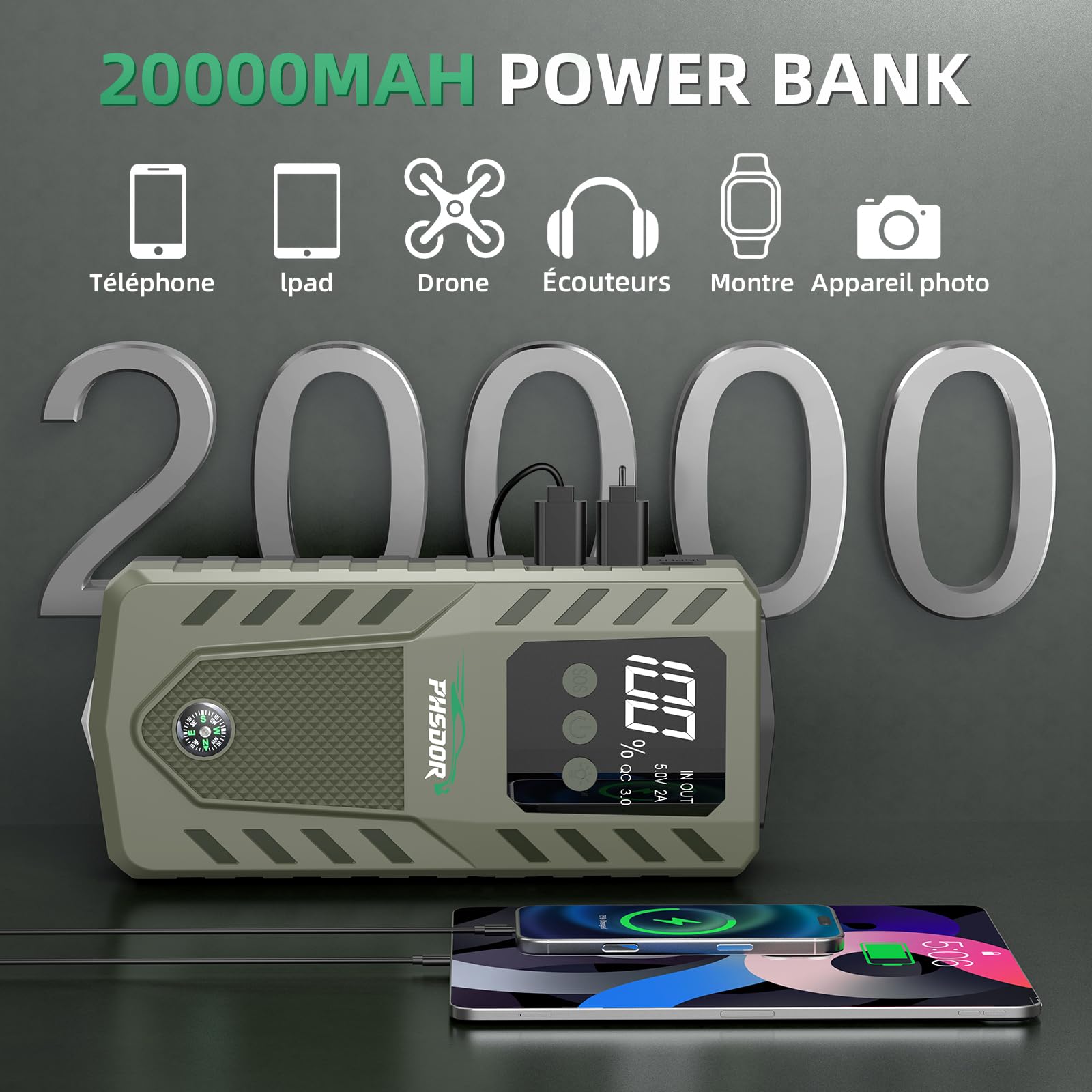 6000A Booster Batterie Voiture, 20000mAh Booster de Batterie (10L Gaz/8L Diesel), 12V Démarreur Batterie Voiture, Jump Starter avec Lumière LED
