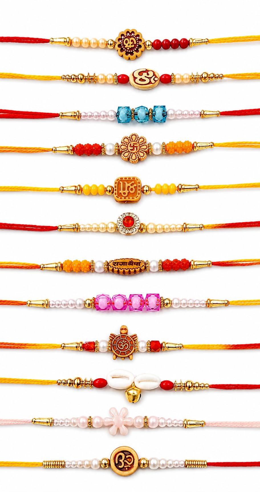 Rakhi Set of 12, Multicolour Beaded Bracelet with Om & Swastik-image-42