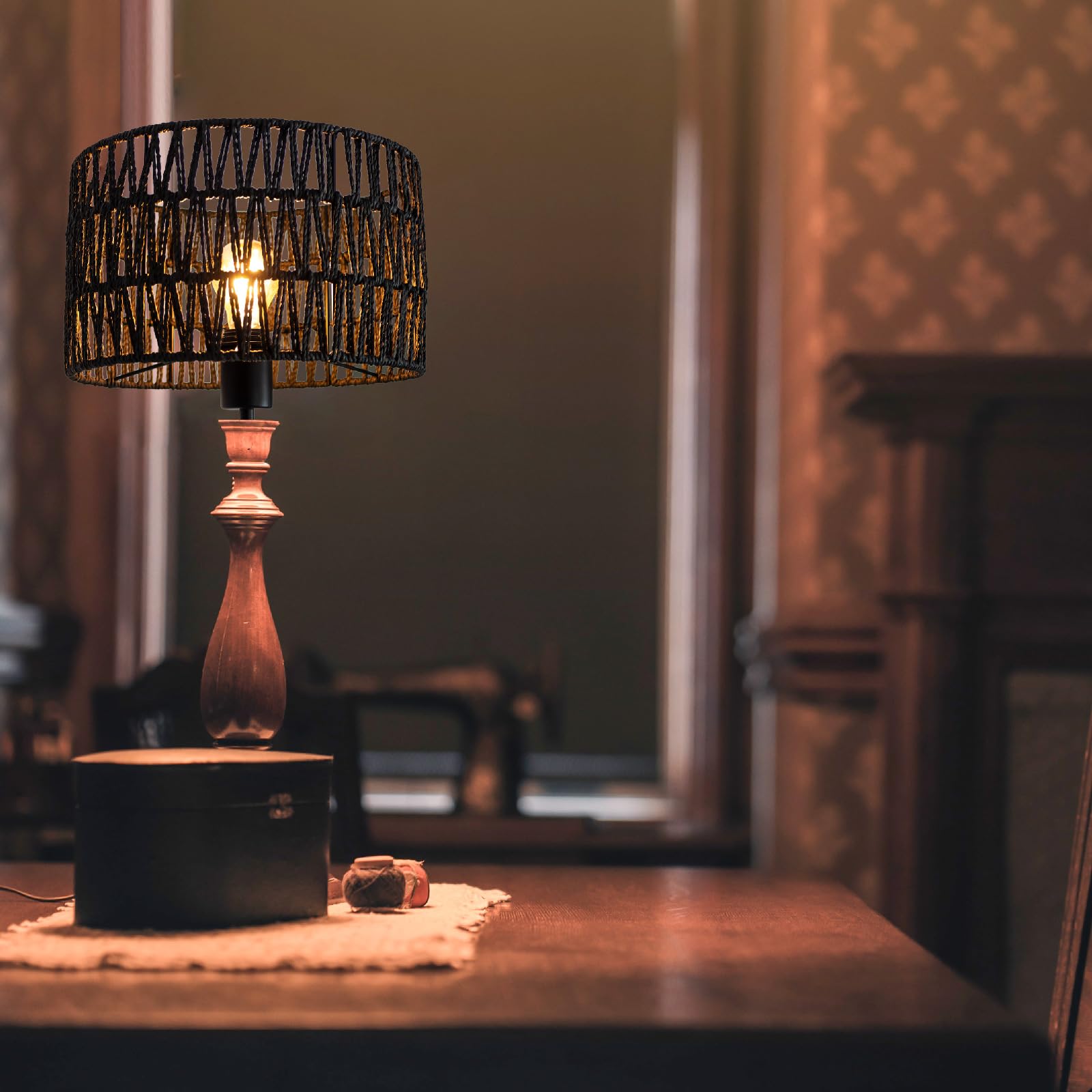 Osasy Modern Black Boho Lampshade, Rattan Lampshade, Drum Shape, Hollow Carved, for Floor Lamp Table Lampshade, Pendant Lamp - Image 2