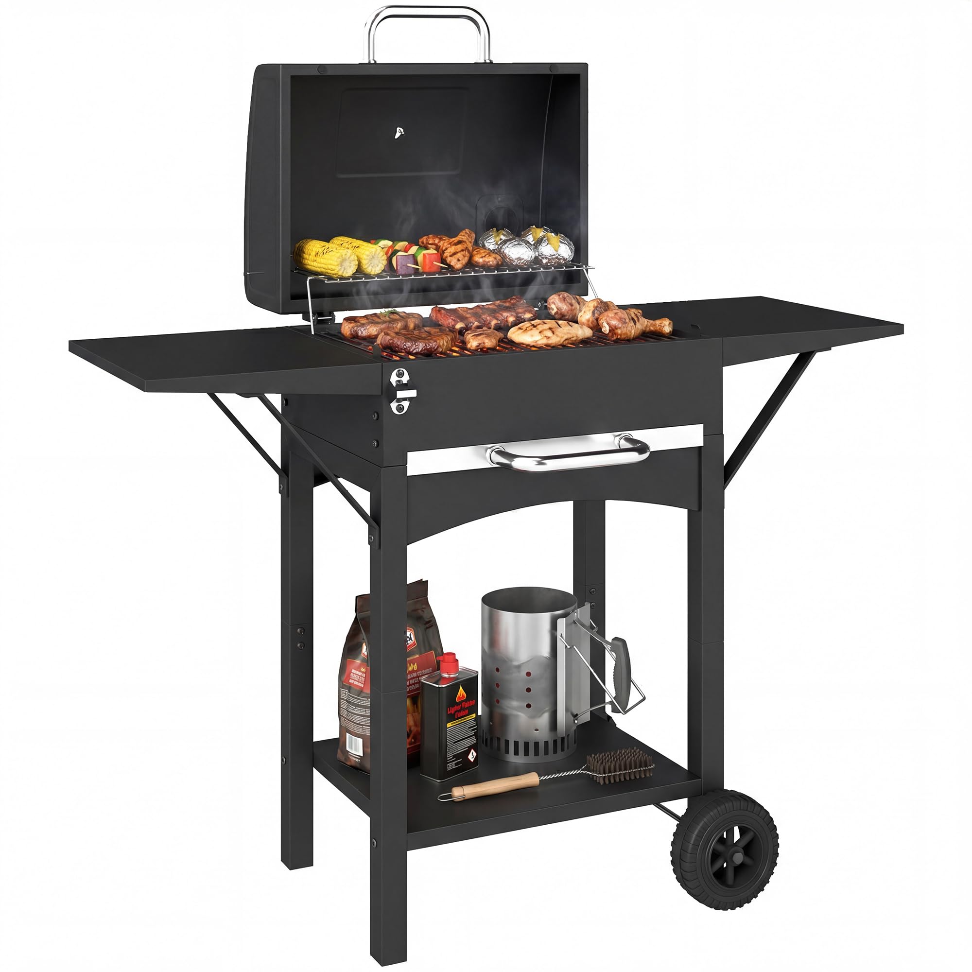Outsunny Barbecue Carbonella Carrello con 2 Ripiani Laterali, Barbecue Portatile Affumicatore con Termometro, Griglia, Coperchio, Ruote Manico Acciaio Inox, BBQ Carbonella per Giardino Campeggio, Nero