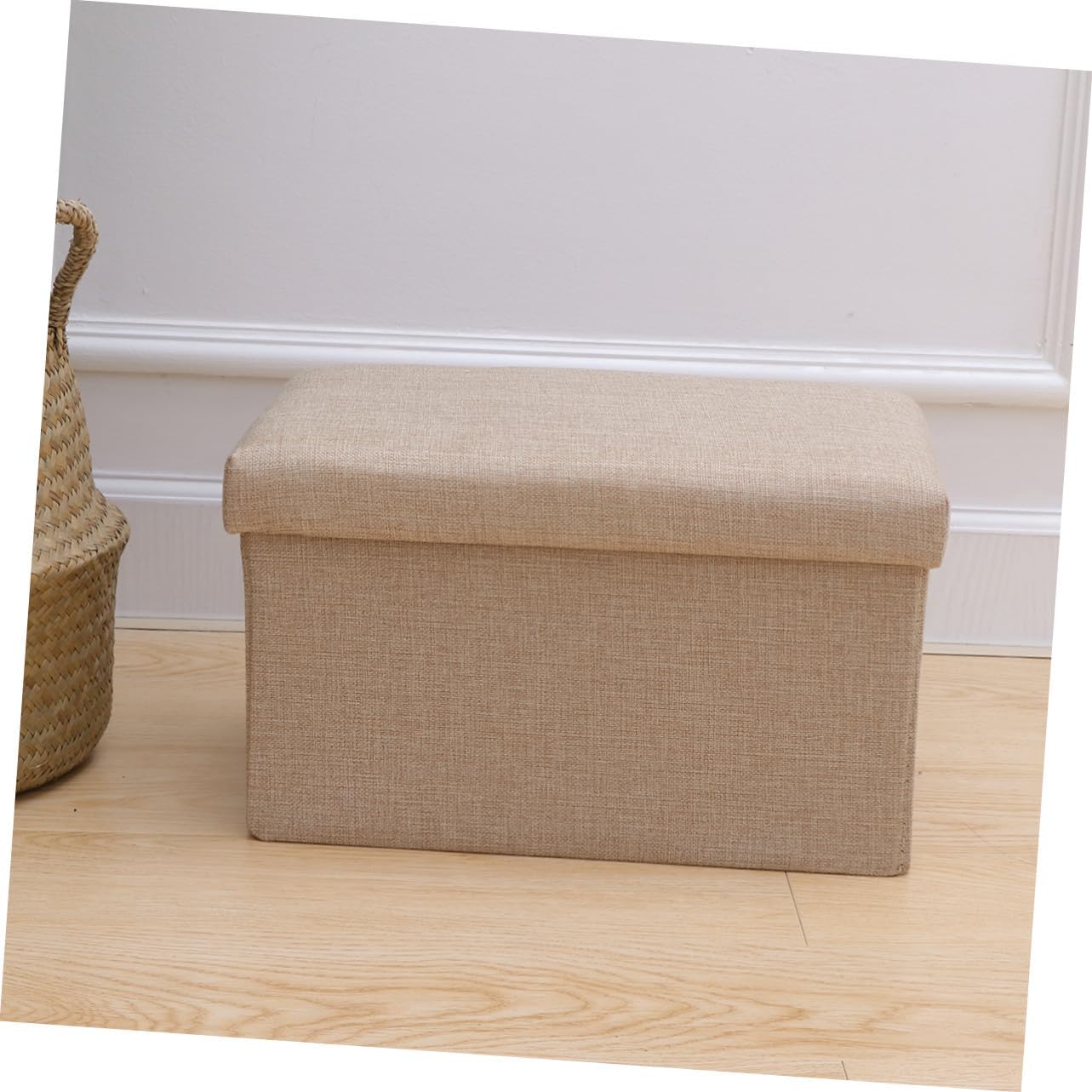 Foldable Linen Storage Bench with Lid Lightweight Portable Chest and Footrest for Bedroom Living Collapsible Shoe Stool Box in Beige