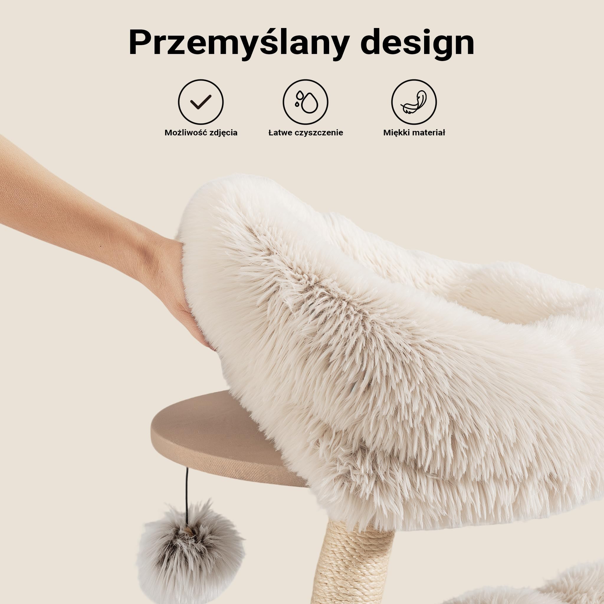 Fudajo Drapak dla kota designerski 49 x 49 x 74 cm, koci domek z pluszem i sizalem, drzewko dla kotów, z piłeczką do zabawy