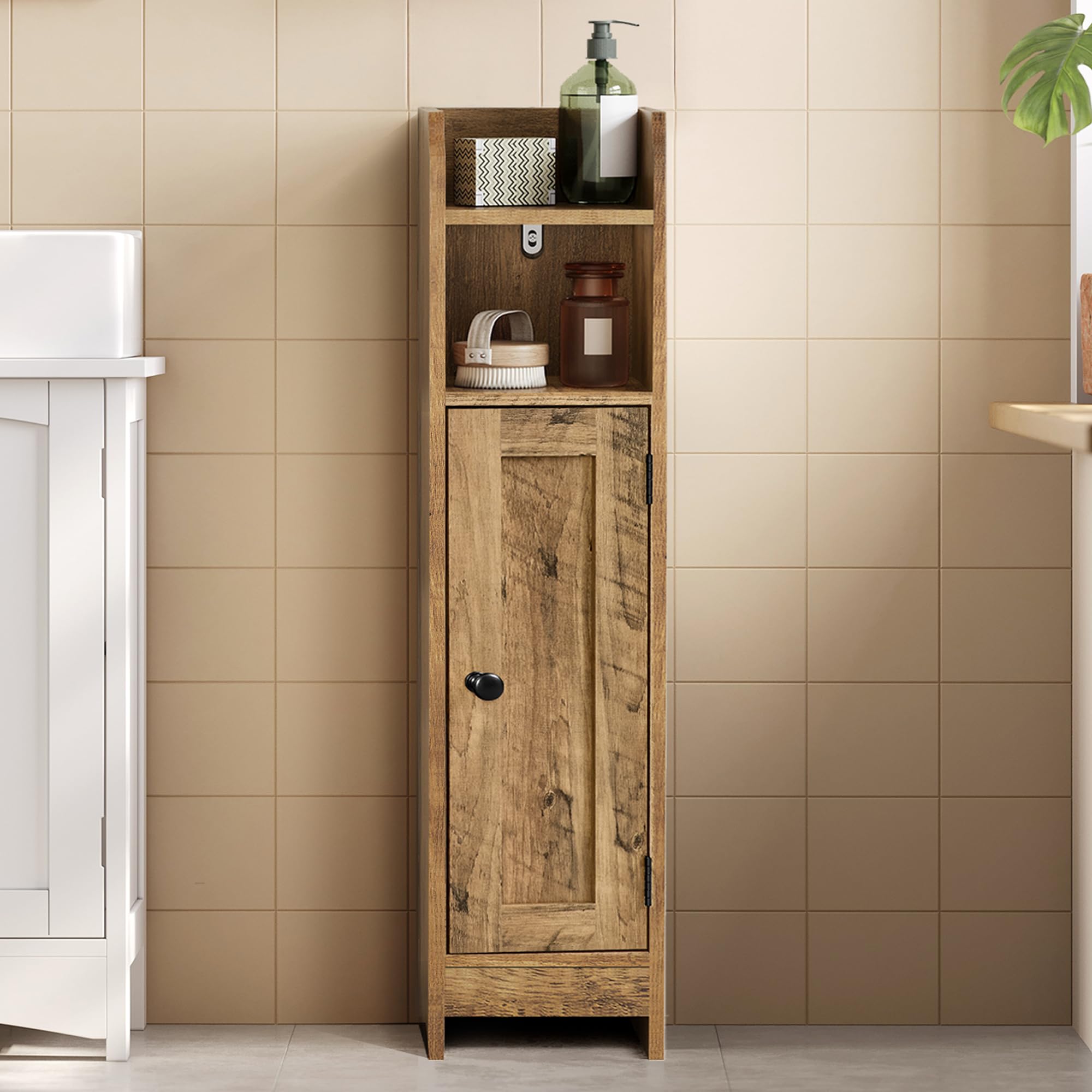 VASAGLE Slim Bathroom Floor Storage Cabinet with Door, 20 x 18 x 80 cm, Freestanding Bathroom Storage Unit, Narrow Bathroom Toilet Paper Storage Cabinet, Adjustable Shelves, Honey Brown BBK310K01