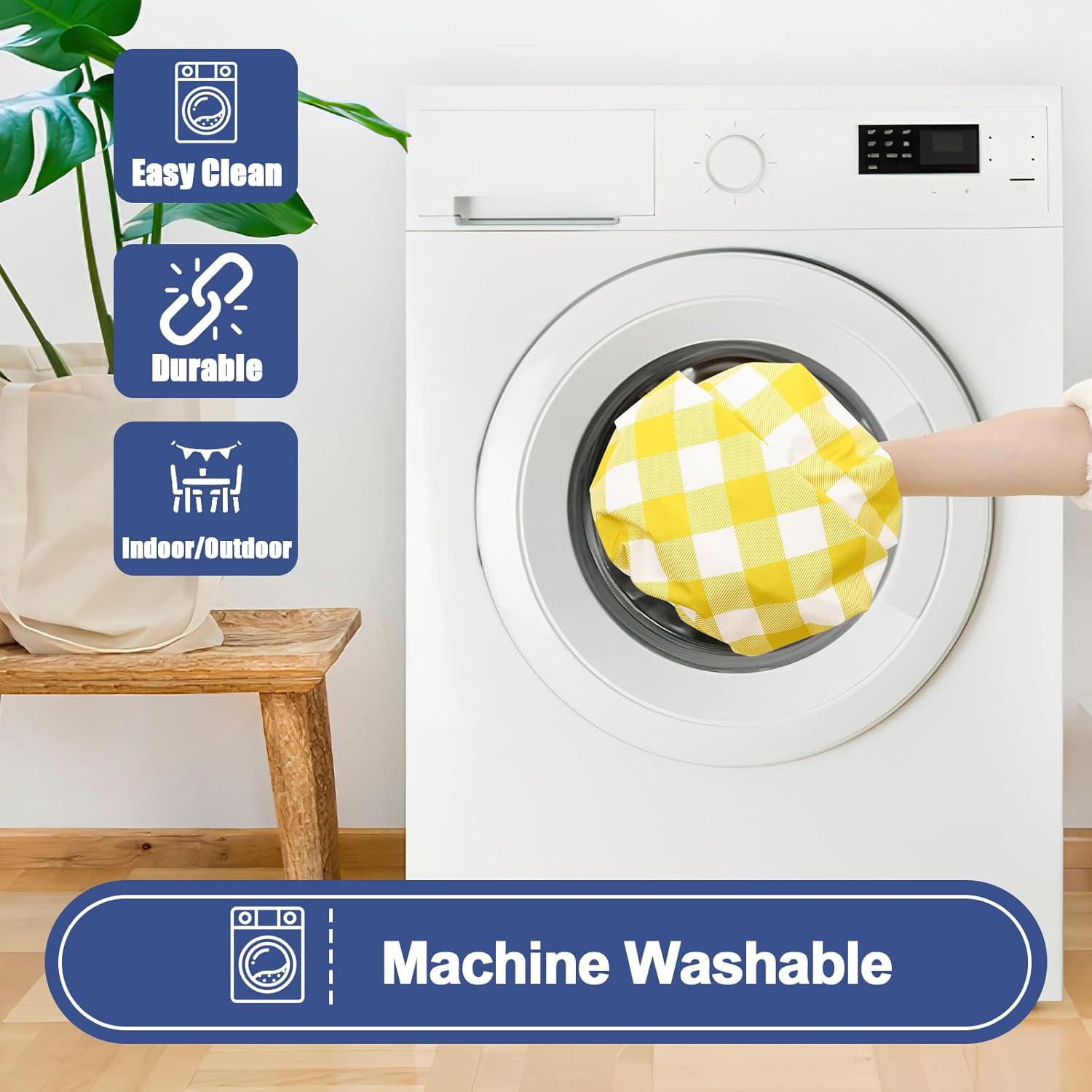 Smiry Picnic Table Cover with Bench Covers, Waterproof Elastic Fitted Tablecloths for 8 Foot Rectangle Tables, Washable Buffalo Plaid Tablecloth for Camping, Outdoor (Yellow & White, 30"x96")