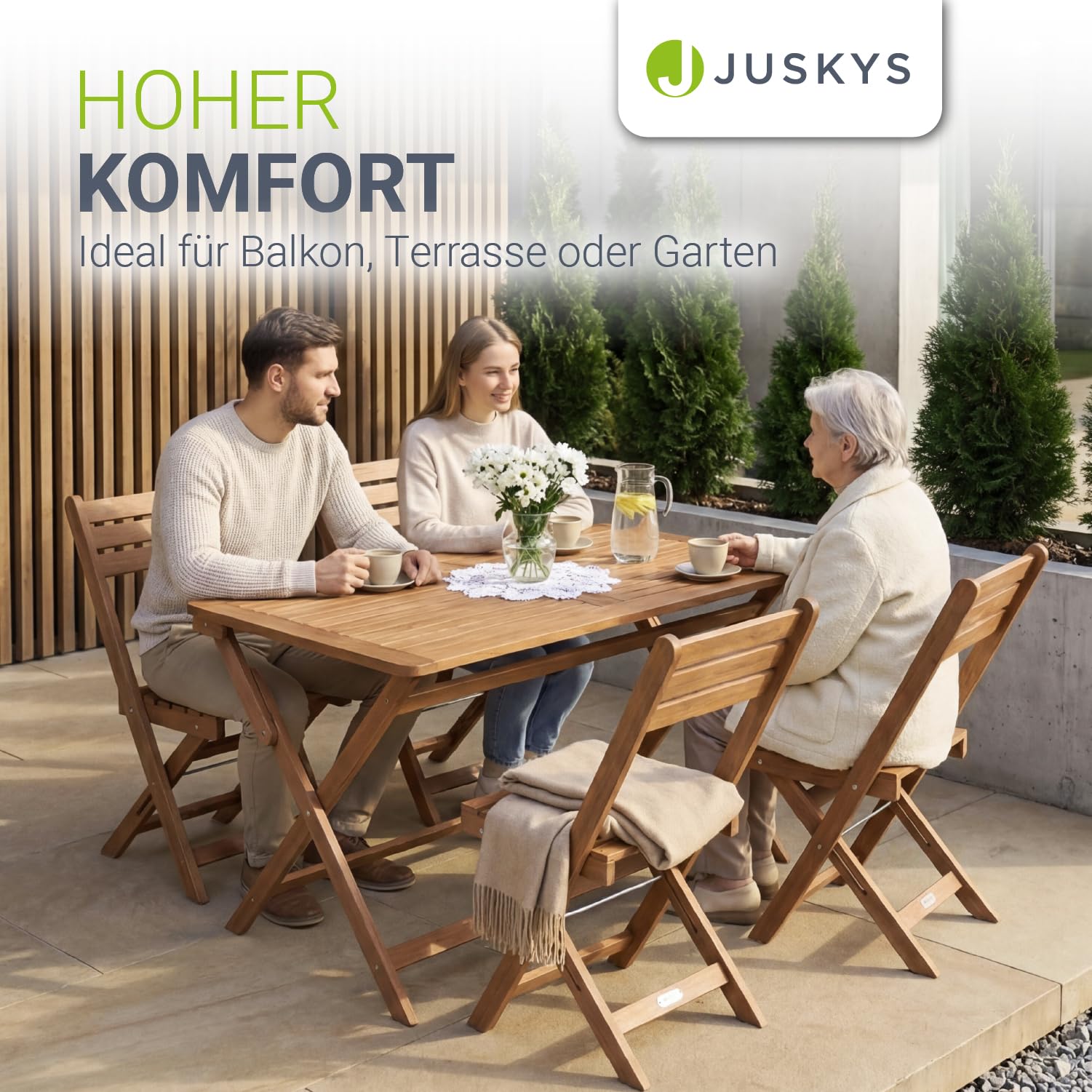 Juskys® Gartenmöbel Set Rimini - Natur, Akazie Holz, inkl. 4er Set Stühle & Tisch, Stabil, Langlebig