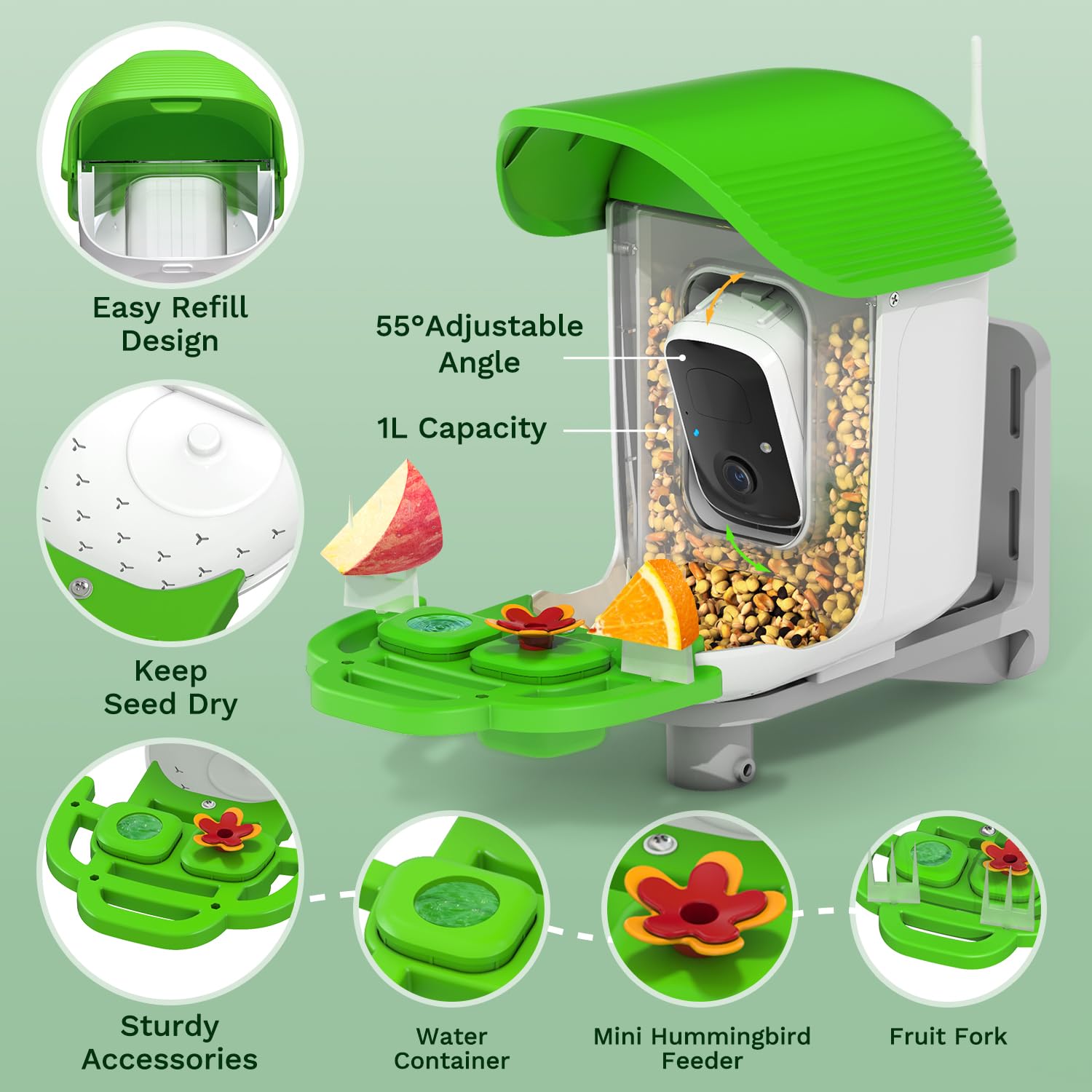 Smart Bird Feeder with Camera Solar Powered, AI Identify 11000+ Birds Species,2K Video Bird Feeder for Outdoors Garden,1L Large Capacity, for Birdlover,Green