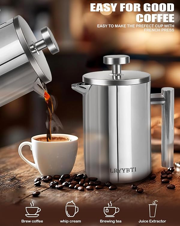 LRYYBTI French Press Coffee Maker, Stainless Steel Coffee Press with scale lines (Silver, 17 OZ) by LRYYBTI - Image 7