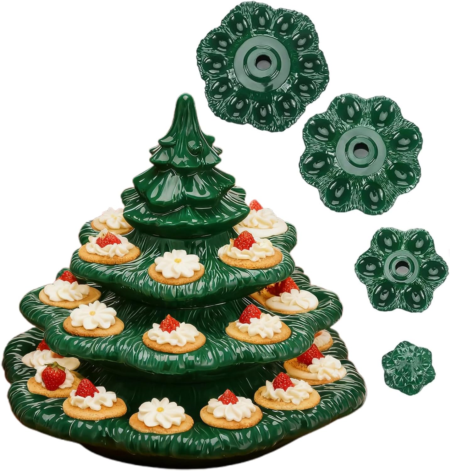 Christmas Tree Deviled Egg Holder, 3 Tier Deviled Egg Platter, Resin Christmas Tree Egg Holder, Reusable Xmas Plant-Shaped Tray with Lid for Holiday Deviled Eggs (Green)