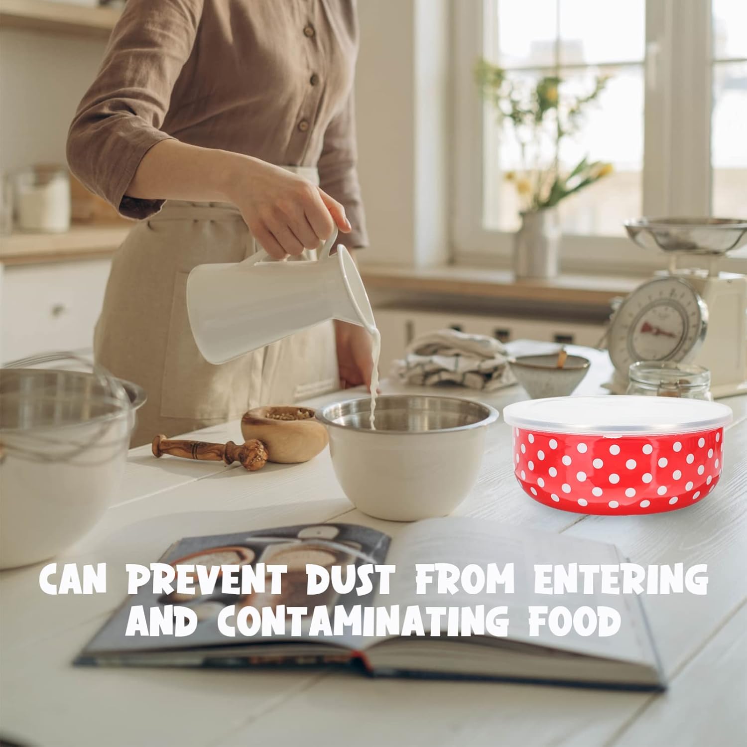 5-Piece Enamel Bowl Set with Lid Stackable Food Container for Salads Fruits and Soups for Household and Meal Prep Refrigerator Safe