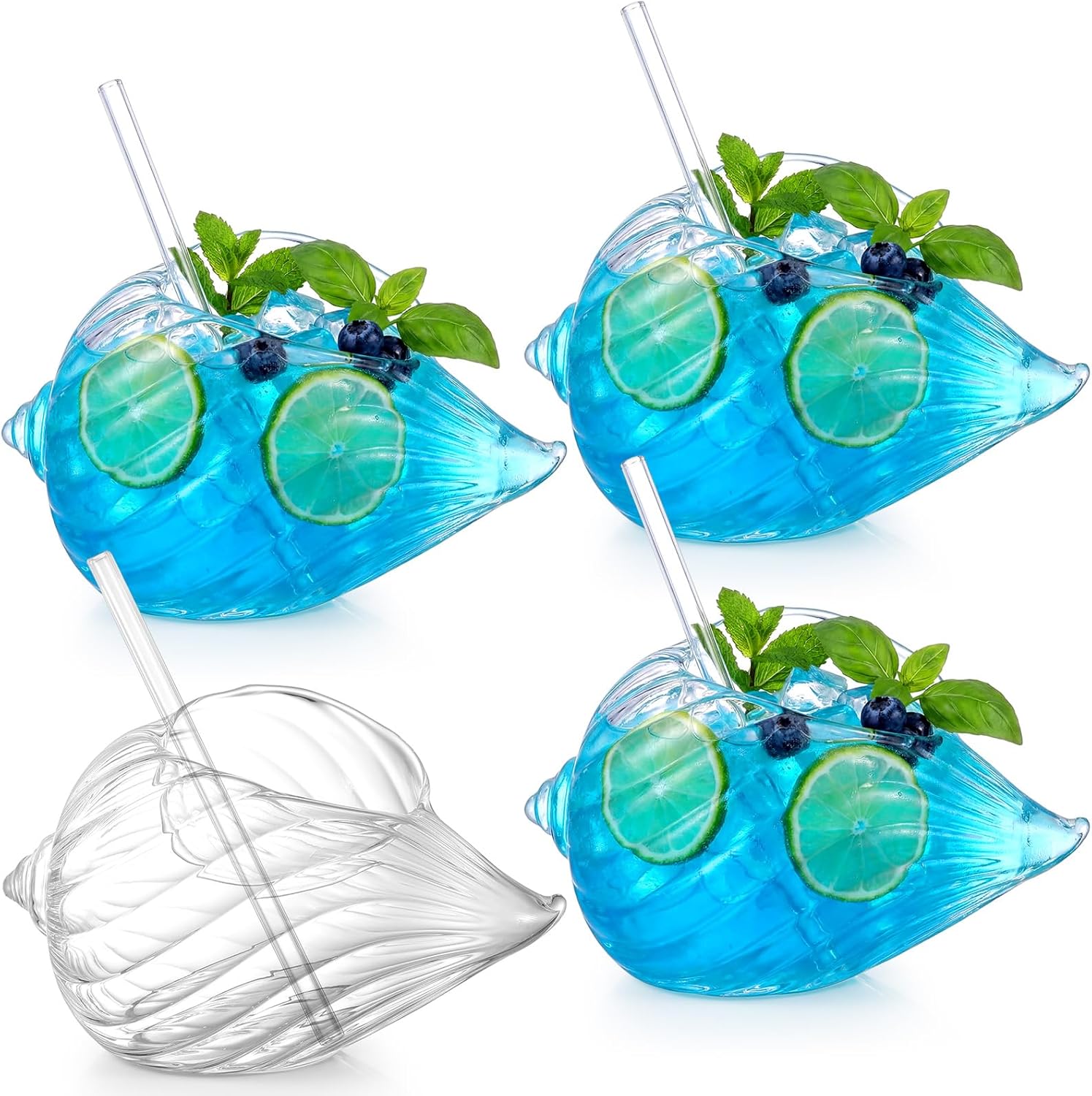 Acellegic 4-Pack Seashell Tiki Cocktail Glasses with Straws - 11.8oz Clear Borosilicate for Beach Parties, Weddings & Bars