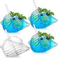 Acellegic 4-Pack Seashell Tiki Cocktail Glasses with Straws - 11.8oz Clear Borosilicate for Beach Parties, Weddings & Bars