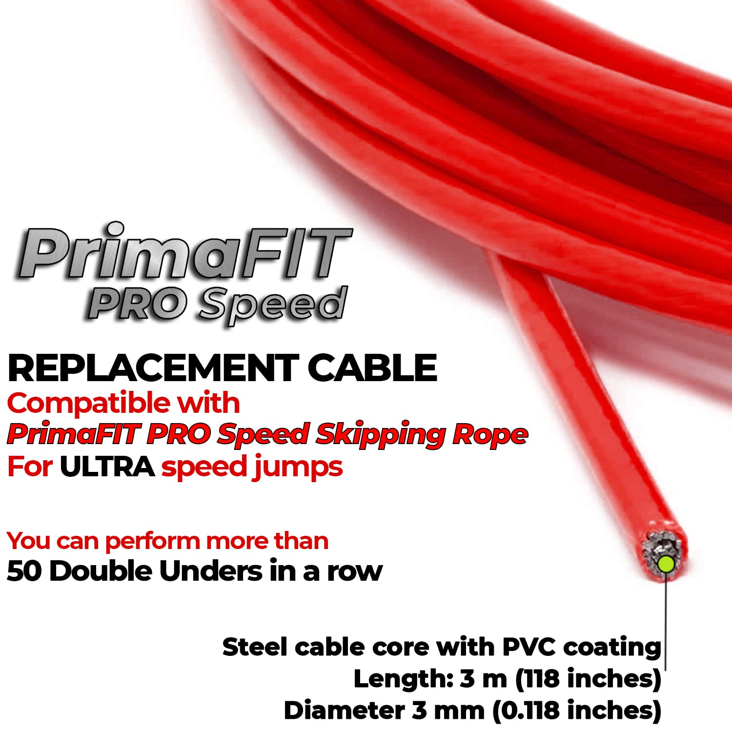 PrimaFit Pro Speed cavi di ricambio per corda per saltare set 2 fili acciaio inossidabile PVC diametro 3 mm lunghezza 3 m
