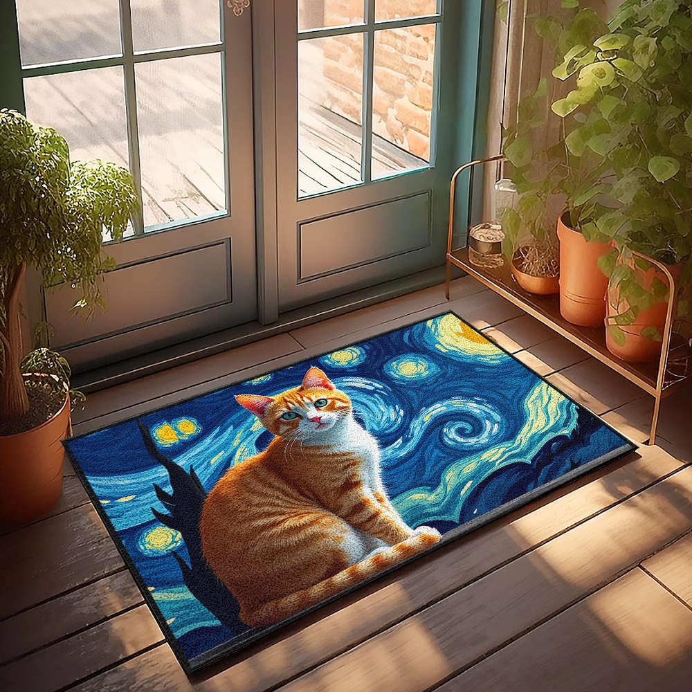 Tapis chambre garçon chat roux nuit étoilée 50x80cm