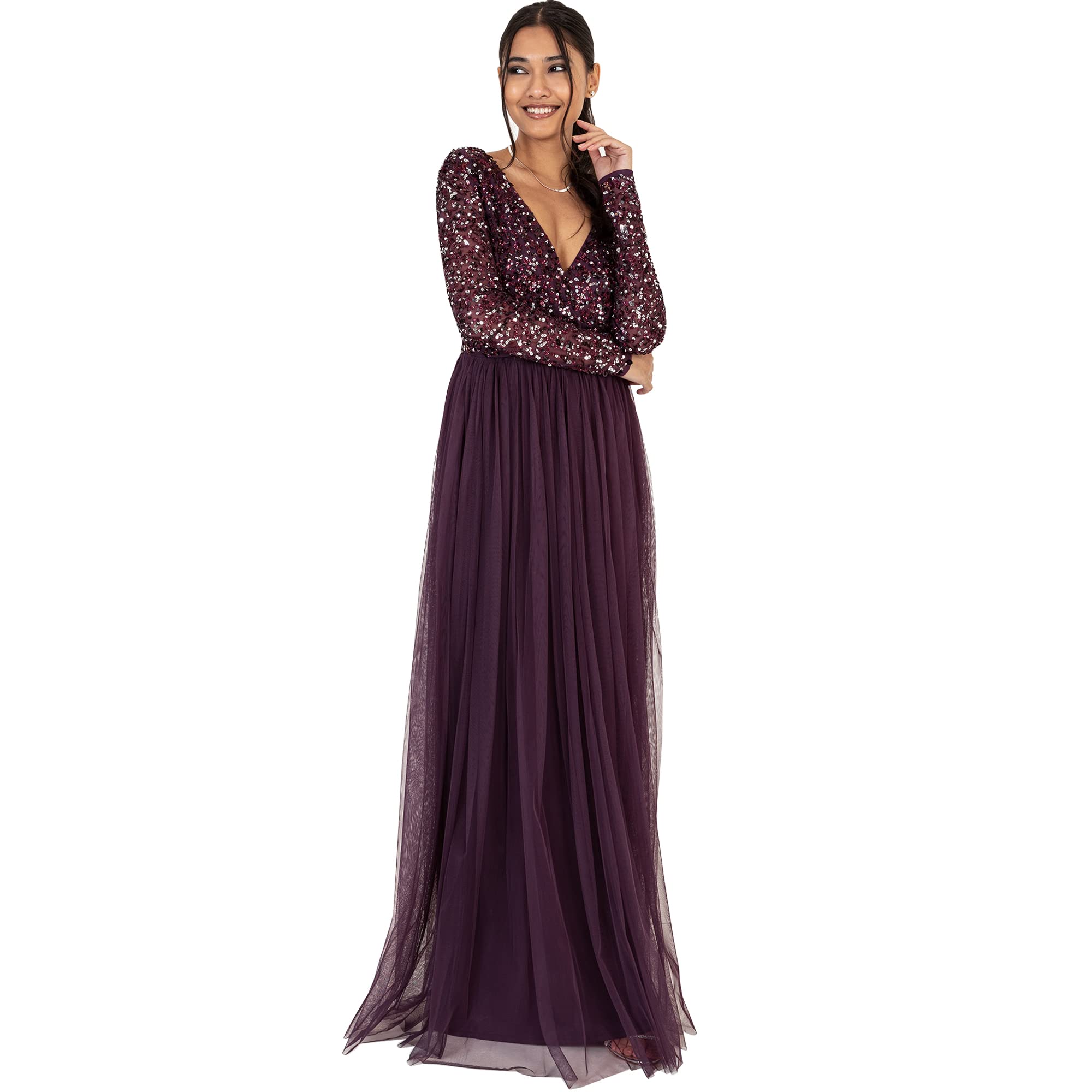 Maya Deluxe Damen Ladies Maxi Dress for Women with Long Sleeves V Neckline Plunging Sequin Embellished for Wedding Guest Bridesmaid Prom Kleid