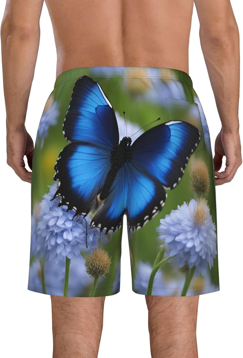 Blue Butterfly Print Men's Quick-Drying Shorts Casual Beach Pants Stretch Waist Shorts and Pockets