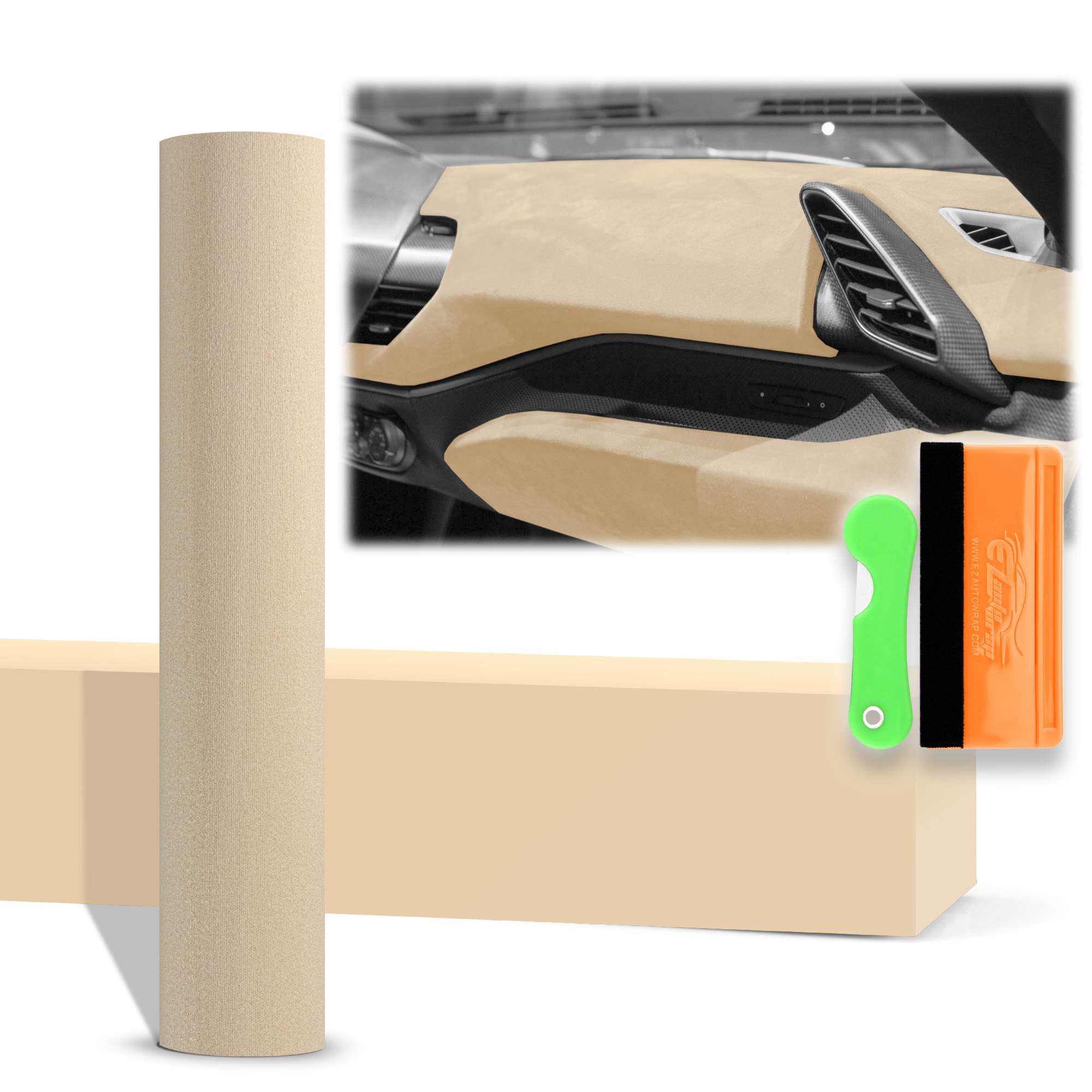 12"x60" (1FTx5FT) Velvet Stretchable Beige Vinyl Wrap Auto Car Sticker Decal Film Sheet Like Paint Bubble Free Air Release Technology with Tool Kit