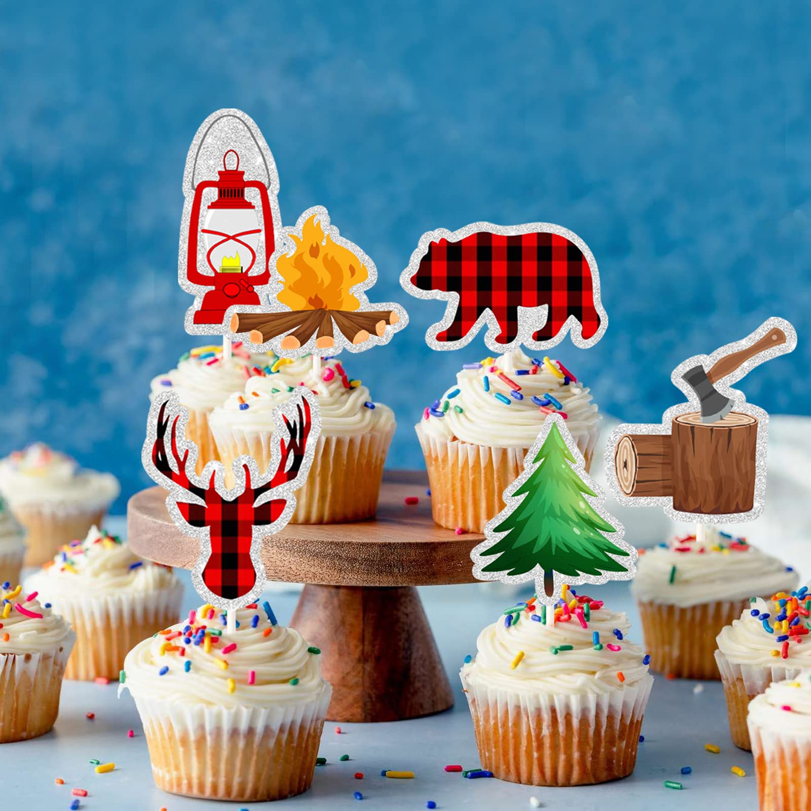 40 Holzfäller-Cupcake-Topper – Büffelkariert, Baby-Bär, Hirsch, Für Wald-Party, Camping, Geburtstag