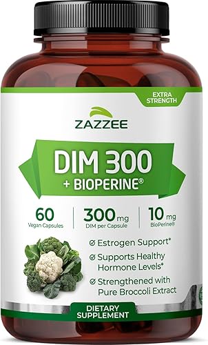 Zazzee DIM 300 mg por cápsula, 60 unidades, más 10 mg BioPerine, equilibrio de estrógeno, acné hormonal, apoyo para la menopausia, equilibrio