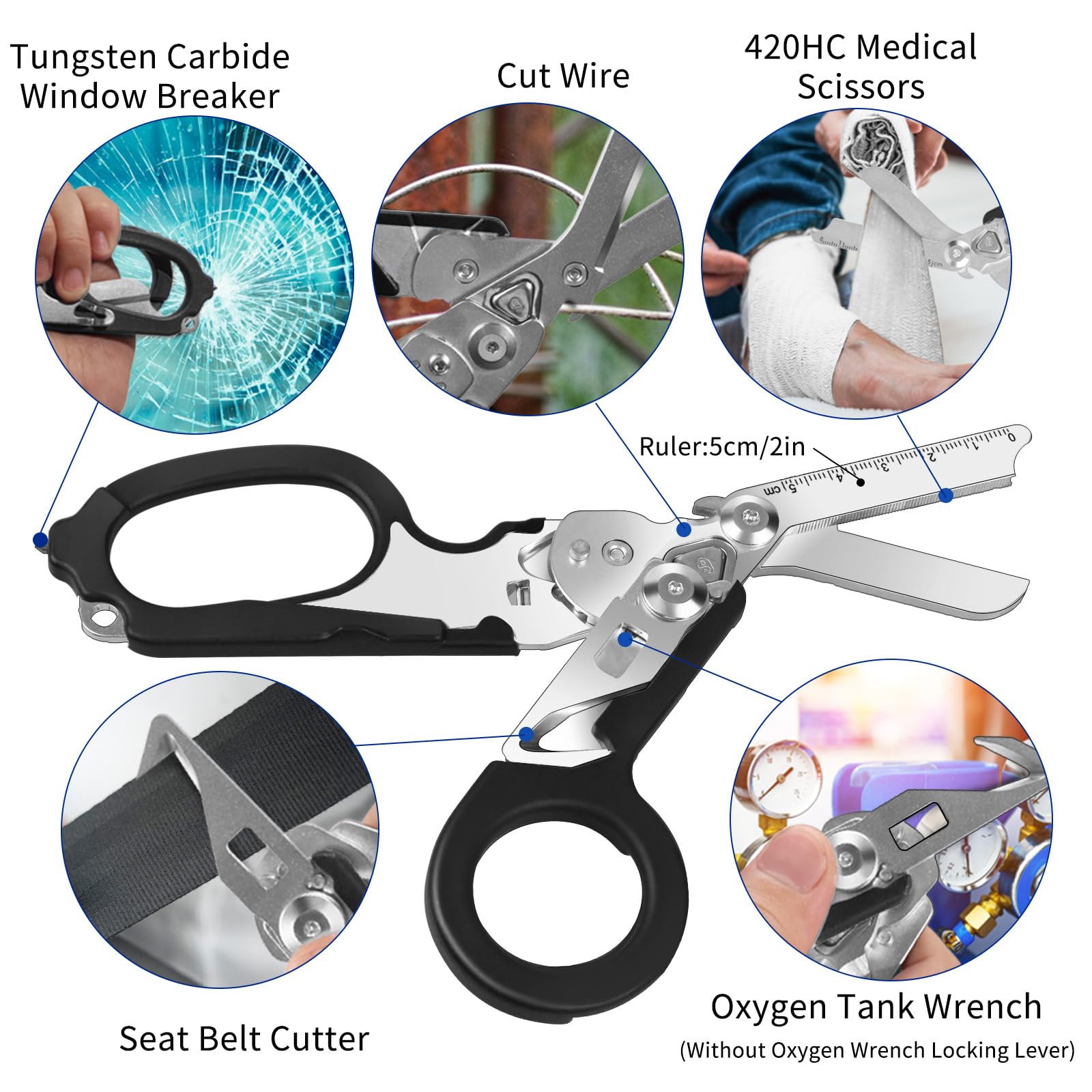 Kevanry 6 in 1 Multi-Function Foldable Trauma Shears with Scissors Pliers & 24 in 1 Multi-Tool Key,Emergency Response Shears with Strap Cutter&Glass Breaker,Rescue Scissors for Outdoor Camping (Black) - Image 3